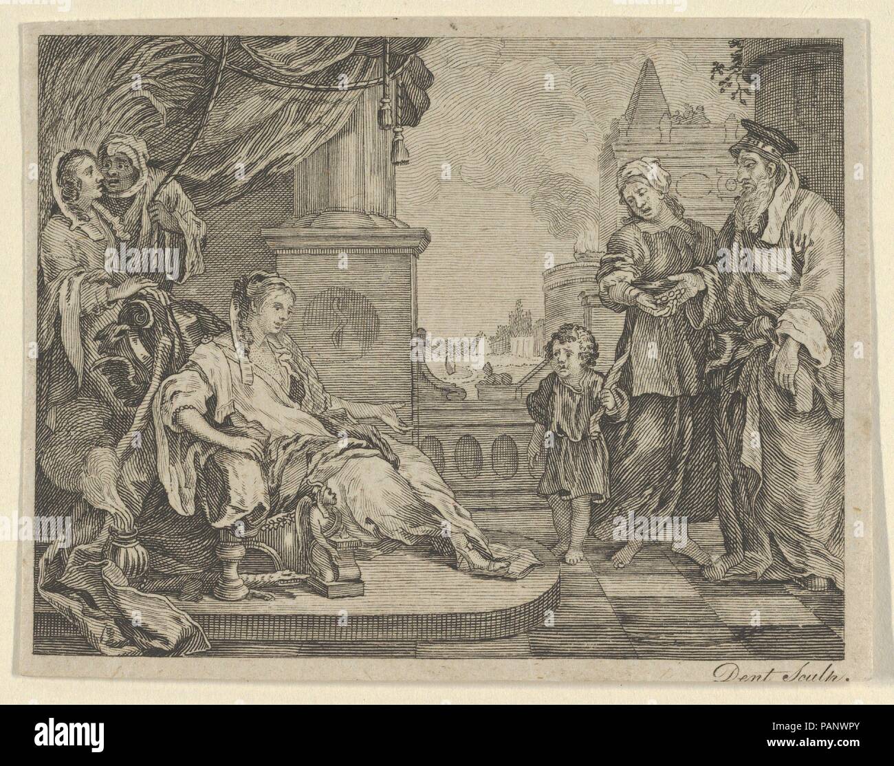 Mosè fece al faraone della figlia. Artista: Dopo William Hogarth (British, Londra Londra 1697-1764). Dimensioni: foglio: 2 9/16 x 3 1/4 in. (6,5 x 8,3 cm). Incisore: Dent (British, active ca. 1800). Data: ca. 1800. Museo: Metropolitan Museum of Art di New York, Stati Uniti d'America. Foto Stock