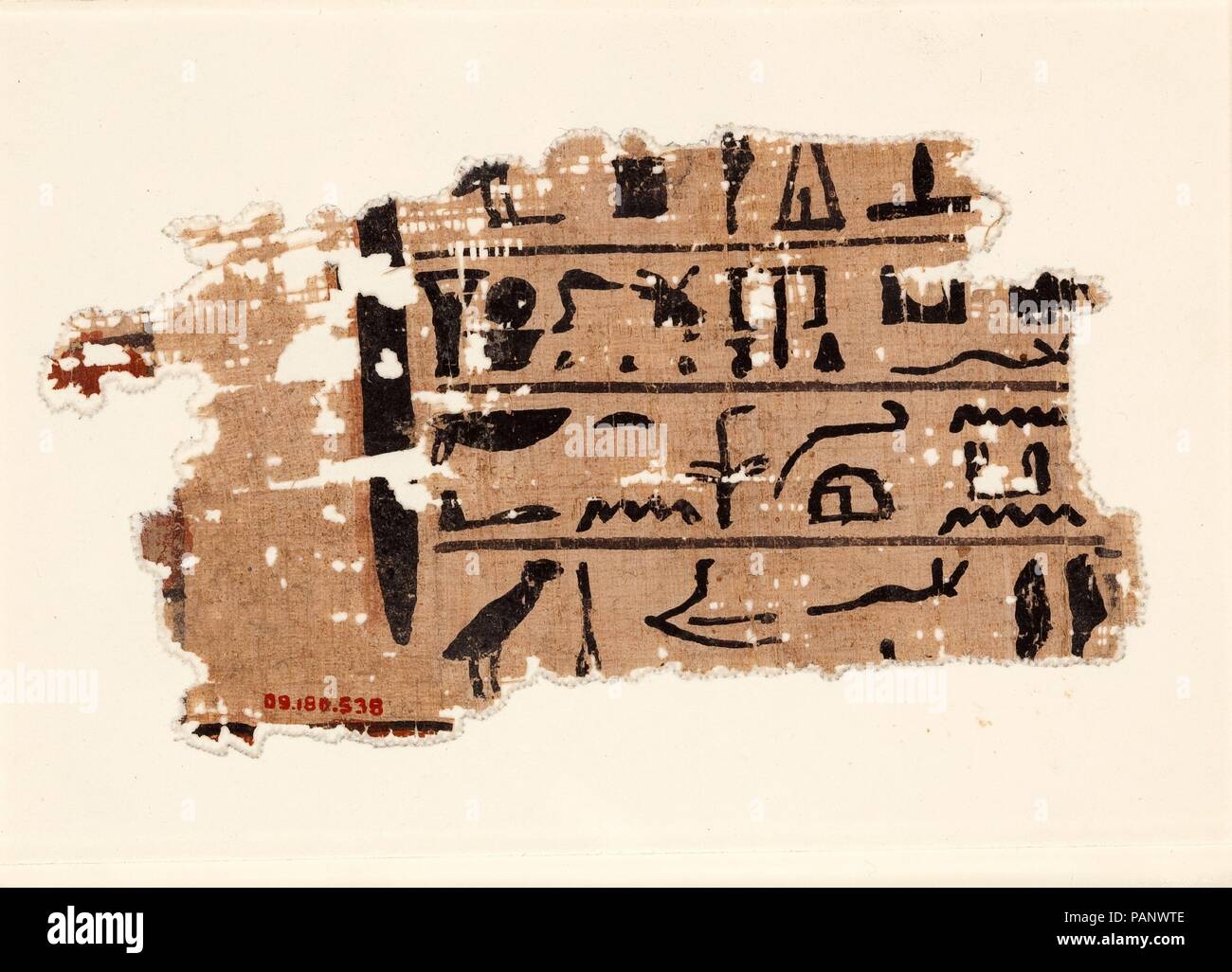 Frammento di papiro. Dimensioni: H. 5.5 cm (2 3/16); W. 10,2 cm (4 in); incorniciato: H. 8.9 cm (3 1/2 in.); W. 12,1 cm (4 3/4 in.). Dynasty: Dynasty 12. Data: ca. 2030-1640 A.C. Museo: Metropolitan Museum of Art di New York, Stati Uniti d'America. Foto Stock