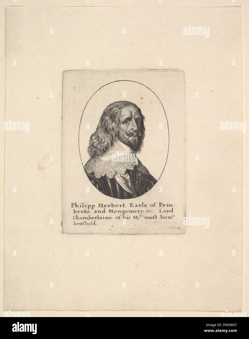 Philipp Herbert, Conte di Pembroke. Artista: Wenceslaus Hollar (boemo, Praga 1607-1677 Londra). Dimensioni: Piastra: 3 7/8 × 2 15/16 in. (9,9 × 7,5 cm) foglio: 7 3/16 × 5 11/16 in. (18,3 × 14,4 cm). Sitter: Philip Herbert, 4° Conte di Pembroke (British, 1584-1650). Data: 1625-77. Busto a destra, guardando verso la parte anteriore, con spalla-lunghezza dei capelli ondulati; indossa un ampio collare rifinito con festone di merletto e di fine sospesa da un nastro intorno al suo collo e in un ovale; dopo Anthony van Dyck. Museo: Metropolitan Museum of Art di New York, Stati Uniti d'America. Foto Stock