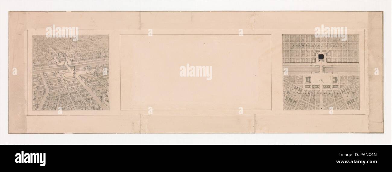 Progettazione e piano per una città bisecata dalla stazione del treno. Artista: Robert Adams (British (?), active ca. 1900). Dimensioni: Immagine: 6 5/16 × 25 3/16 in. (16,1 × 63,9 cm) foglio: 9 1/8 × 28 1/16 in. (23,2 × 71,2 cm). Data: ca. 1900. Questo disegno include un tridimensionale rendering di una città a sinistra con un piano a destra. Il quartiere commerciale è mostrato sopra, il quartiere residenziale di seguito e le zone separate da binari del treno attraversato da un ponte. Museo: Metropolitan Museum of Art di New York, Stati Uniti d'America. Foto Stock