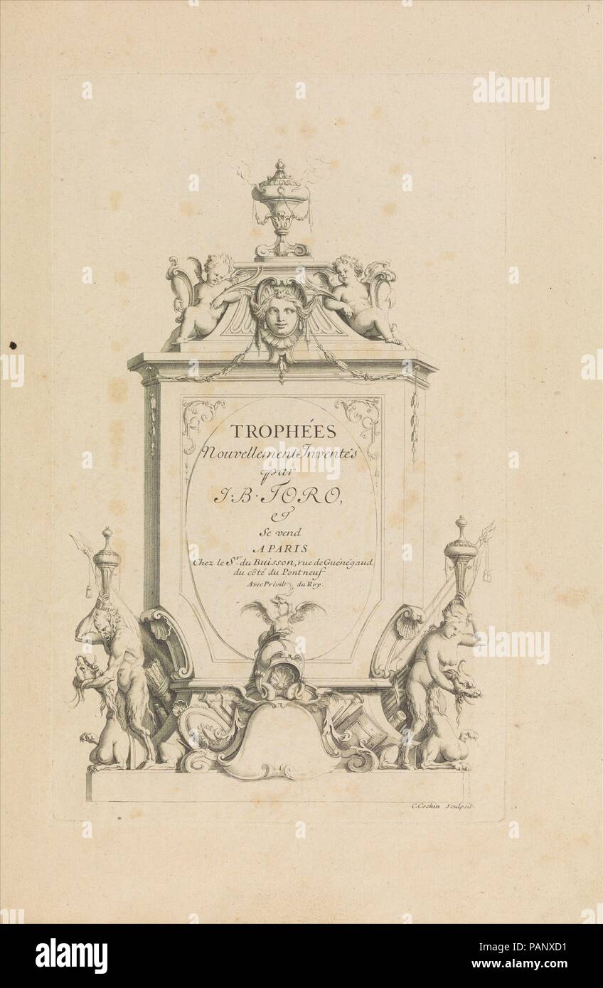 Trophées Nouvellement Inventez par J.B. Toro (titolo pagina). Progettista: Jean Bernard Toro (francese di Digione 1672-1731 Tolone). Dimensioni: Piastra: 12 11/16 × 7 11/16 in. (32,3 × 19,5 cm) foglio: 15 7/8 × 11 7/16 in. (40,4 × 29 cm) [bordi irregolari]. Incisore: Charles Nicolas Cochin I (francese, Parigi Parigi 1688-1754). Editore: Jacques-Nicolas Le Pas Dubuisson (Francese, 1663-1733). Data: 1716. Museo: Metropolitan Museum of Art di New York, Stati Uniti d'America. Foto Stock