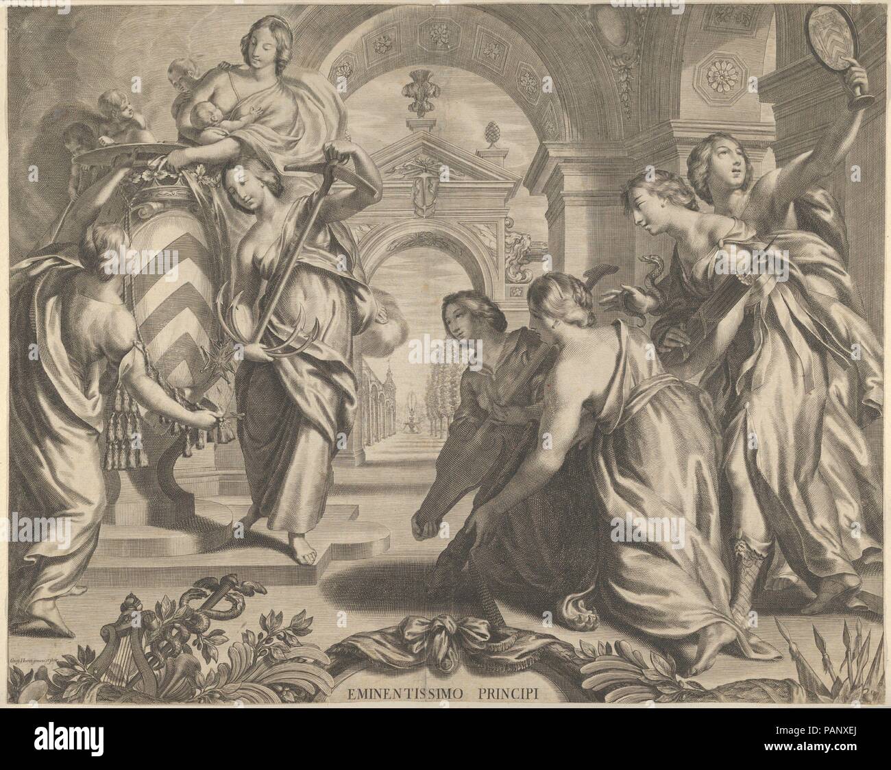 Composizione Allegorial con lo stemma del Cardinale Richelieu e di carità. Artista: Grégoire Huret (francese di Lione Parigi 1606-1670). Dimensioni: foglio: 15 15/16 in. × 20 a. (40,5 × 50,8 cm). Data: del xvii secolo. Museo: Metropolitan Museum of Art di New York, Stati Uniti d'America. Foto Stock