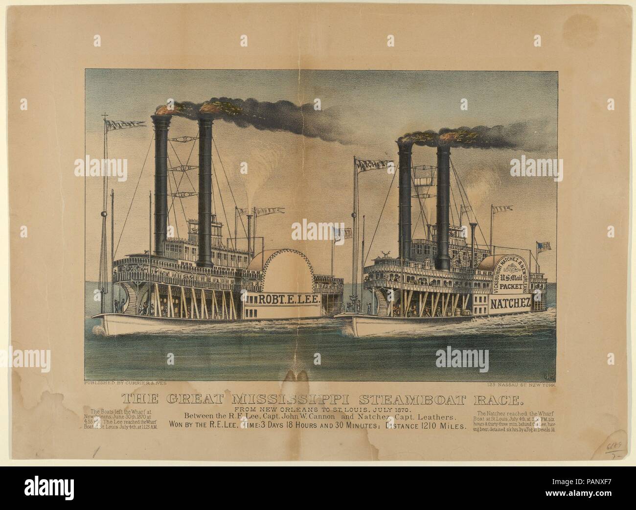 Il grande Mississippi Steamboat Race-From New Orleans a St Louis, luglio 1870-tra la R.E. Lee, il capitano John W. Cannon e Natchez capitano Leathers-Won dalla R.E. Lee, Tempo: 3 giorni 18 ore e 30 minuti; Distanza 1210 Miglia. Dimensioni: Immagine: 8 1/4 × 12 9/16 in. (20,9 × 31,9 cm) foglio: 12 1/16 × 16 3/8 in. (30,7 × 41,6 cm). Litografo: litografato e pubblicato da Currier & Ives (American, attivo a New York, 1857-1907). Data: 1872-74. Due riverboats, Robert E. Lee a sinistra e Natchez a destra, gara da sfondo a destra a sinistra in primo piano. Museo: Metropolitan Museum of Art Foto Stock