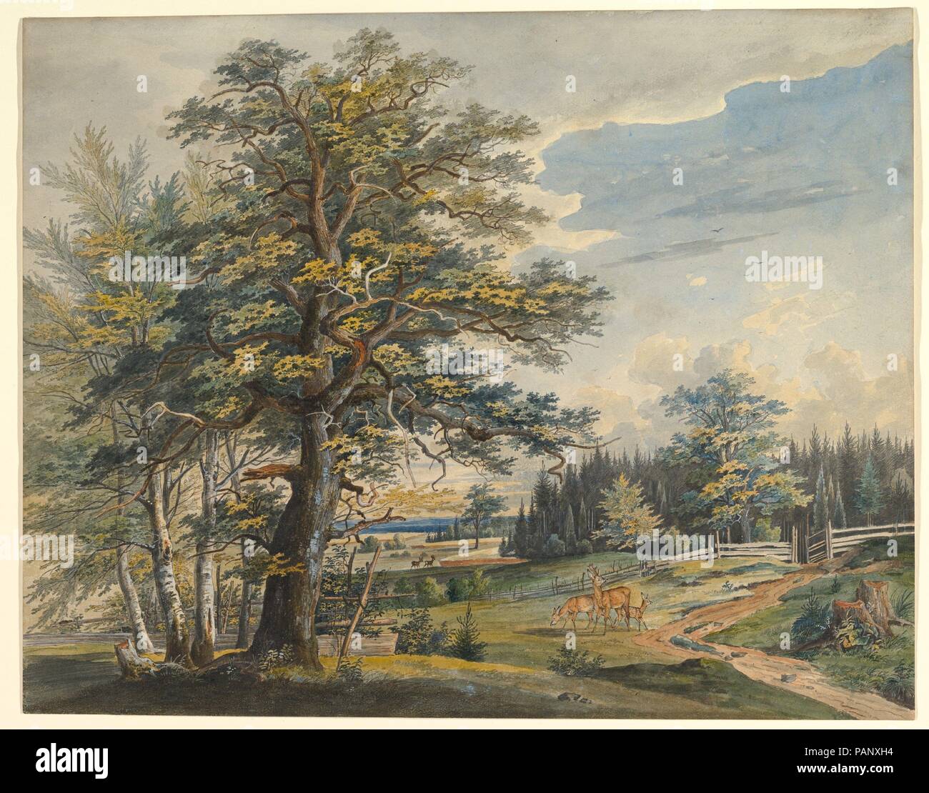 Paesaggio boscoso con feste di addio al celibato. Artista: Carl Agosto Lebschee (tedesco, Schmiegel 1800-1877 Monaco di Baviera). Dimensioni: foglio: 15 9/16 x 19 11/16 in. (39,5 x 50 cm). Data: 1800-1877. Museo: Metropolitan Museum of Art di New York, Stati Uniti d'America. Foto Stock