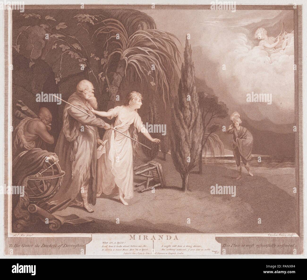 Miranda (Shakespeare, la Tempesta, atto 1, scena 2). Artista: Dopo Robert Pino di bordo (British, Londra (?) 1720/30?-1788 Philadelphia, Pennsylvania). Dimensioni: Foglio (rifilato entro la piastra): 14 3/4 × 17 5/8 in. (37,5 × 44,8 cm). Incisore: Caroline Watson (British, Londra 1760/61-1814 Londra). Editore: John Boydell (British, Shropshire 1720-1804 Londra). Oggetto: William Shakespeare (British, Stratford-upon-Avon 1564-1616 Stratford-upon-Avon). Data: 1784. L'adolescente Miranda, sollevata su un isola deserta dai suoi mago-Padre Prospero, qui si ritiene che le catture di vista il naufrago gioventù Ferdinando e è Foto Stock