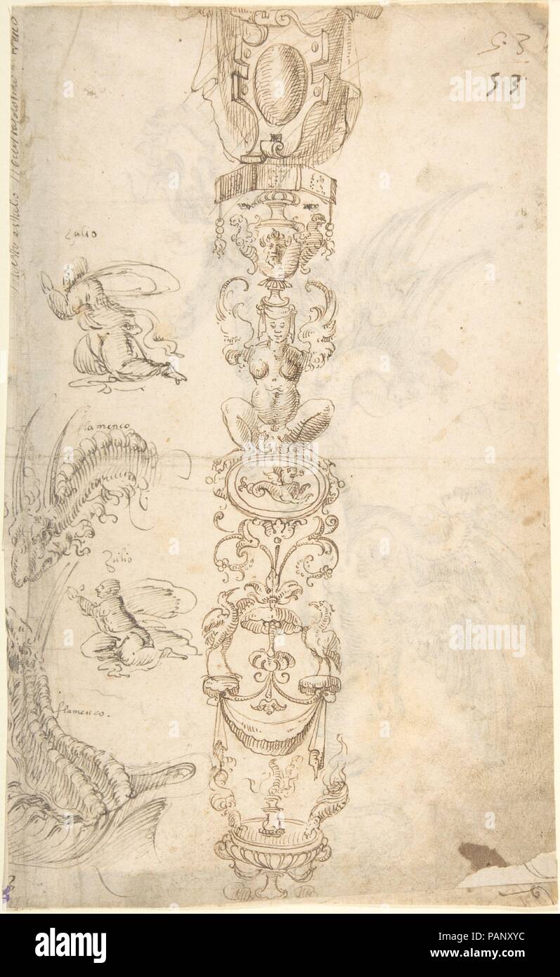 Candelabri grottesco e vari figura studi (recto); due grifoni e teste femminili (verso). Artista: attribuito a Andrés de Melgar (spagnolo, documentato S. Domingo de la Calzada, morto dopo il 1554). Dimensioni: 13-3/16 x 8-1/16 in. (33,5 x 20,5 cm). Data: ca. 1545-60. Museo: Metropolitan Museum of Art di New York, Stati Uniti d'America. Foto Stock