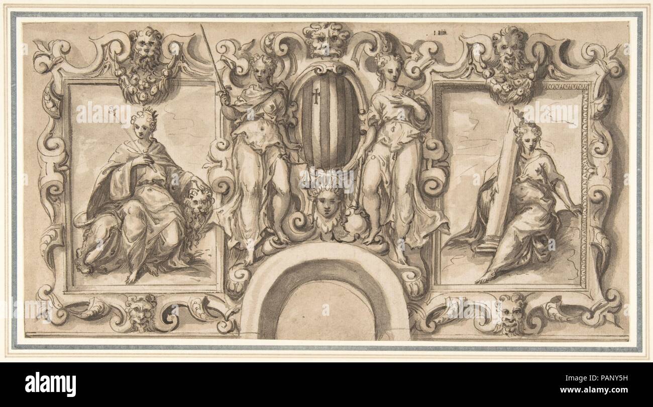 Design per una parete decorazione su un portale ad arco con bracci Grimani. Artista: Bernardino India (italiano, Verona Verona 1528-1590). Dimensioni: 6 1/2 x 12 5/16 in. (16,5 x 31.3cm). Data: 1528-90. Questo design per una parete decorazione o una facciata mostra quattro figure femminili intorno ai bracci veneto della nobile famiglia Grimani. Da sinistra a destra nelle figure possono essere identificati come rappresentazioni allegoriche di magnanimità (o Venezia trionfante), di giustizia, di pace e di Costanza. Eseguito a penna e inchiostro, spazzola e lavaggi marrone, è un tipico esempio del disegno di Bernardino India, che era pa Foto Stock