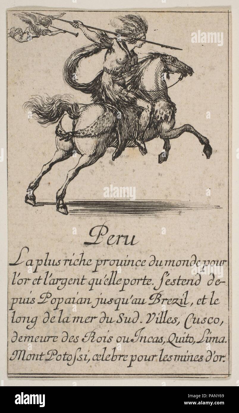 Il Perù, da 'Gioco di geografia" (Jeu de la Géographie). Artista: incisi da Stefano della Bella (Italiano, 1610-1664 Firenze Firenze); progettata da Jean Desmarets de Saint-Sorlin (Francese, 1595-1676). Il dedicatario: Luigi XIV Re di Francia (francese, Saint-Germain-en-Laye 1638-1715 Versailles). Dimensioni: foglio: 3 1/2 × 2 3/16 in. (8,9 × 5,5 cm). Patrono: Cardinal Jules Mazarin (italiano, Piscina 1602-1661 Vincennes). Editore: Henri Le Gras (Francese). Serie/Portfolio: 'Gioco di geografia" (Jeu de la Géographie). Data: 1644. Museo: Metropolitan Museum of Art di New York, Stati Uniti d'America. Foto Stock
