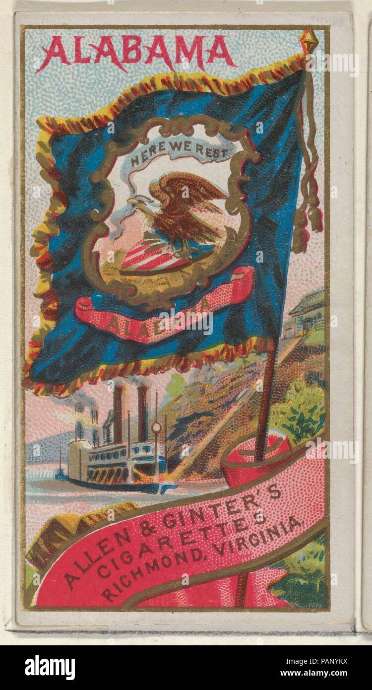 In Alabama, dalle bandiere degli Stati e territori (N11) per Allen & Ginter marche di sigarette. Dimensioni: foglio: 2 3/4 x 1 1/2 in. (7 x 3,8 cm). Editore: Rilasciato da Allen & Ginter (American, Richmond, Virginia). Data: 1888. Scambio di carte dal "bandiere degli Stati e territori" serie (N11), rilasciato nel 1888 in un set di 47 schede per promuovere Allen & Ginter marca di sigarette. Vi sono anche circa 100 scorrere le variazioni di colore. La collezione del museo ha il set completo di 47 carte, nonché 54 scorrere le variazioni di colore e di un intaglio card. Museo: Metropolitan Museum of Art di New York Foto Stock