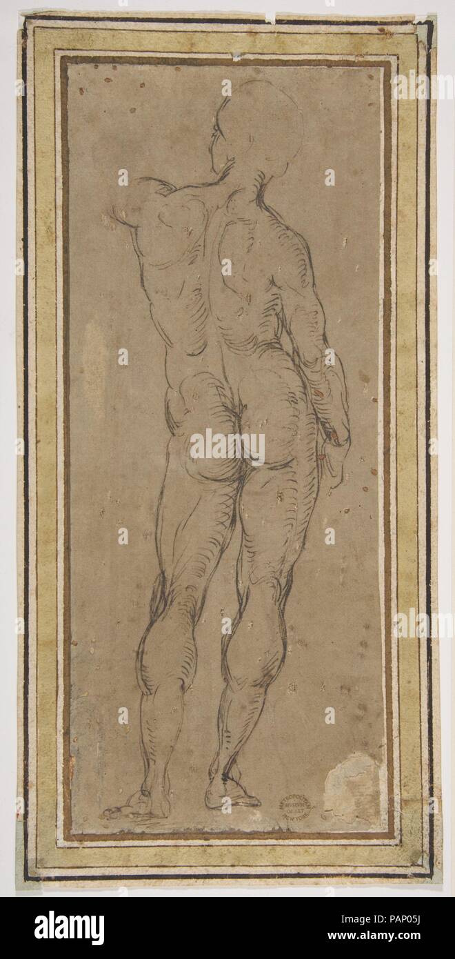 Figura maschile visto dalla parte posteriore, dopo un disegno di Michelangelo. Artista: Dopo Raphael (Raffaello Sanzio o Santi) (italiano, Urbino Roma 1483-1520); dopo Michelangelo Buonarroti (italiano, Caprese 1475-1564 Roma). Dimensioni: 10 7/8 x 4 3/8 in. (27,6 x 11,1 cm). Data: 1508-1600. Museo: Metropolitan Museum of Art di New York, Stati Uniti d'America. Foto Stock