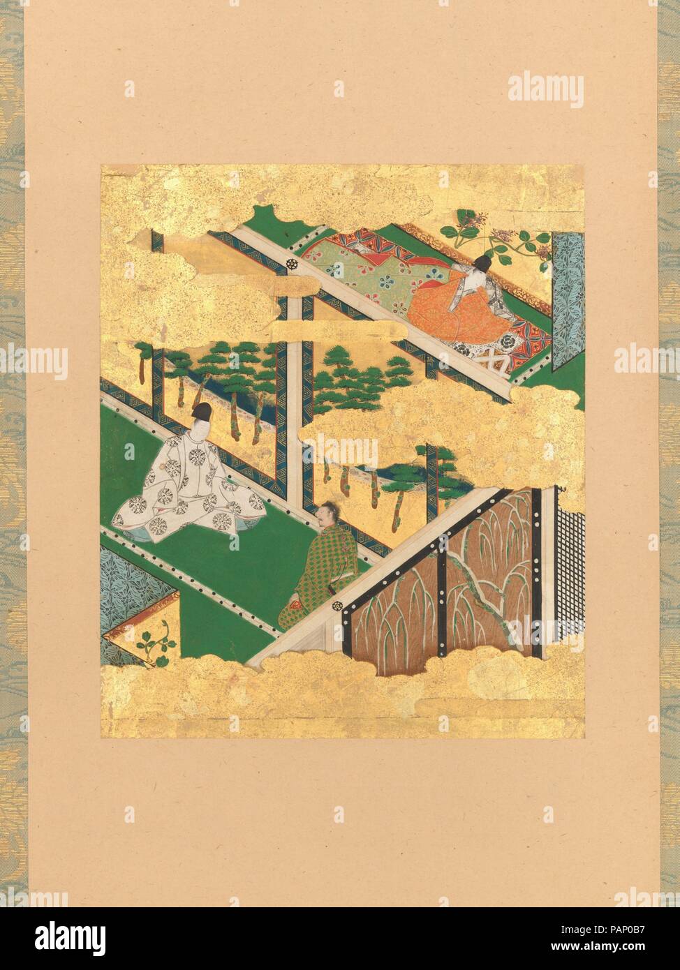 Scena da "La Quercia" ("Kashiwagi'), dal racconto di Genji (Genji monogatari). Artista: Tosa Mitsuyoshi (giapponese, 1539-1613). Cultura: il Giappone. Dimensioni: Immagine: 9 3/4 × 8 3/16 in. (24,7 × 20,8 cm) complessivamente con il montaggio: 54 5/16 × 15 1/2 in. (138 × 39,4 cm) in generale con le manopole: 54 5/16 × 17 1/4 in. (138 × 43,8 cm). Data: fine XVI-inizio XVII secolo. Kashiwagi, il figlio più giovane del principe Genji è il più vicino amico, giace sul suo letto malato. Nella camera adiacente a suo padre e a un asceta conferiscono circa la sua condizione. Kashiwagi è caduto malato dopo la sofferenza il rimorso per la sua vicenda con Genji la moglie Foto Stock