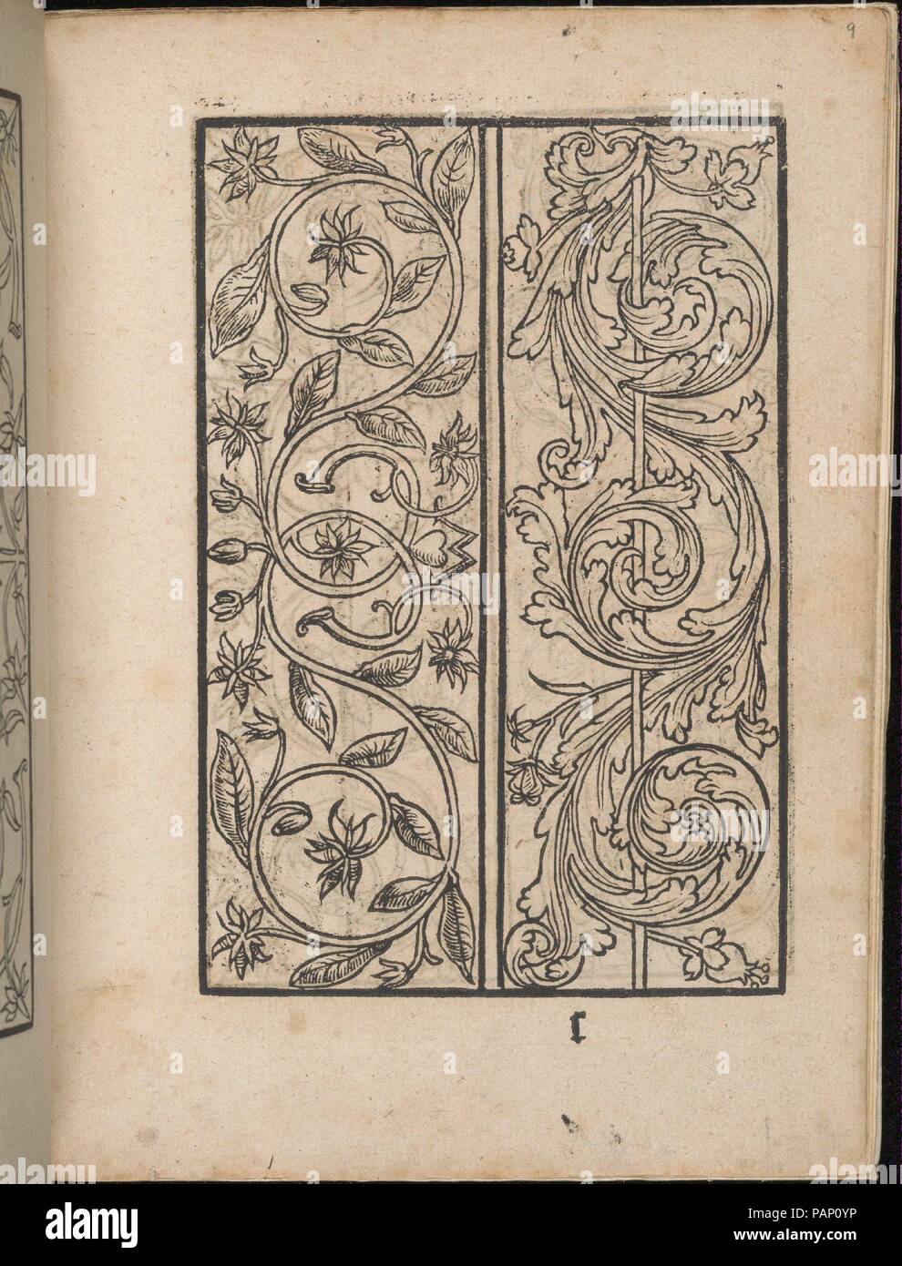 Ein New Modelbuch..., pagina 9 (recto). Dimensioni: 7 5/16 x 5 3/8 in. (18,5 x 13,6 cm). Editore: Johann Schönsperger il Giovane (tedesco, active 1510-30). Data: 22 ottobre 1524. Pubblicato da Johann Sch?nsperger il giovane, Zwickau. Dall'alto al basso e da sinistra a destra: Design composto da 2 colonne verticali. La colonna di sinistra è decorato con 2 la curvatura dei rami di fiori e foglie che si sovrappongono nel centro; posto sulla sommità del 2 intrecciate di estremità sono un cuore e una 'M'. La colonna di destra è decorato con la bobinatura foglie di acanto avvolta intorno a un ramo rettilineo. Museo: Metropolitan Museum di Foto Stock