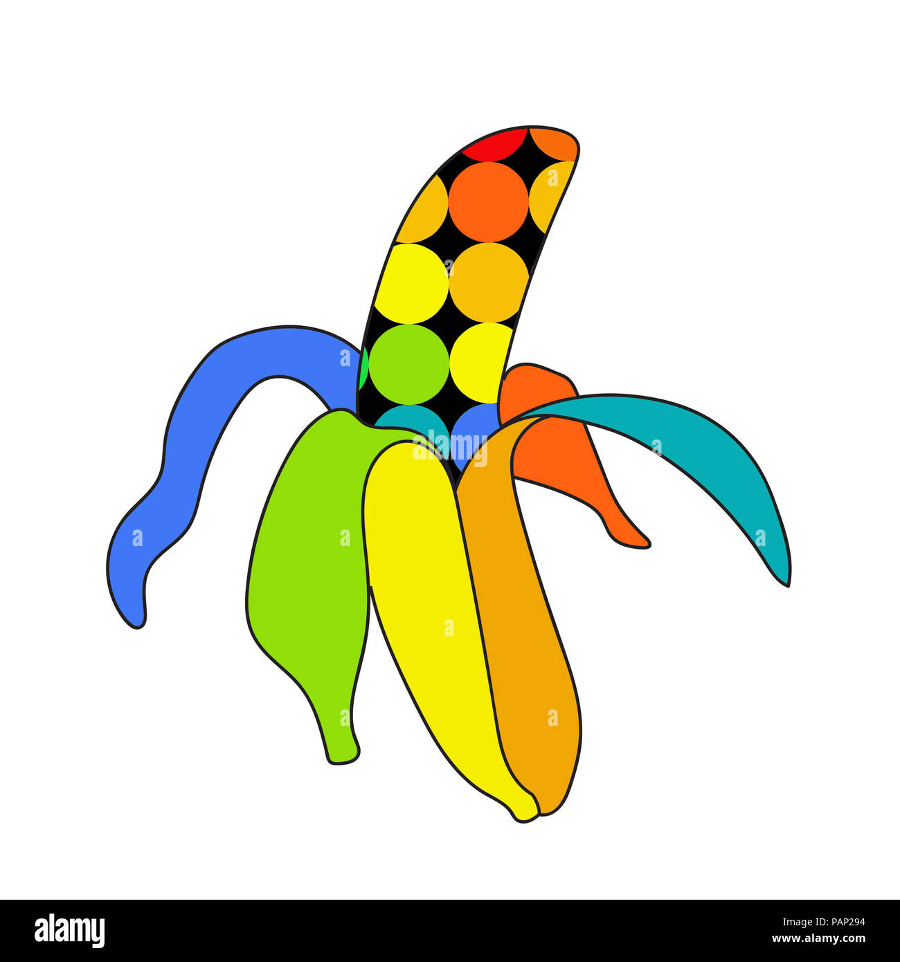 Illustrazione stilizzata di una banana pelata è rainbow colors contro uno sfondo bianco. Foto Stock