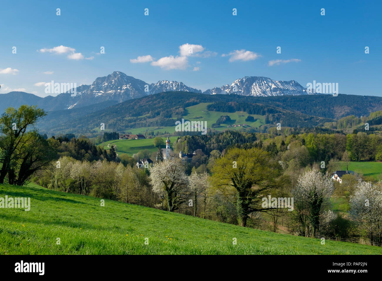 In Germania, in Baviera, Baviera, Chiemgau, Rupertiwinkel, vista dell'ex abbazia Hoeglwoerth, Berchtesgadener Alpi in background Foto Stock