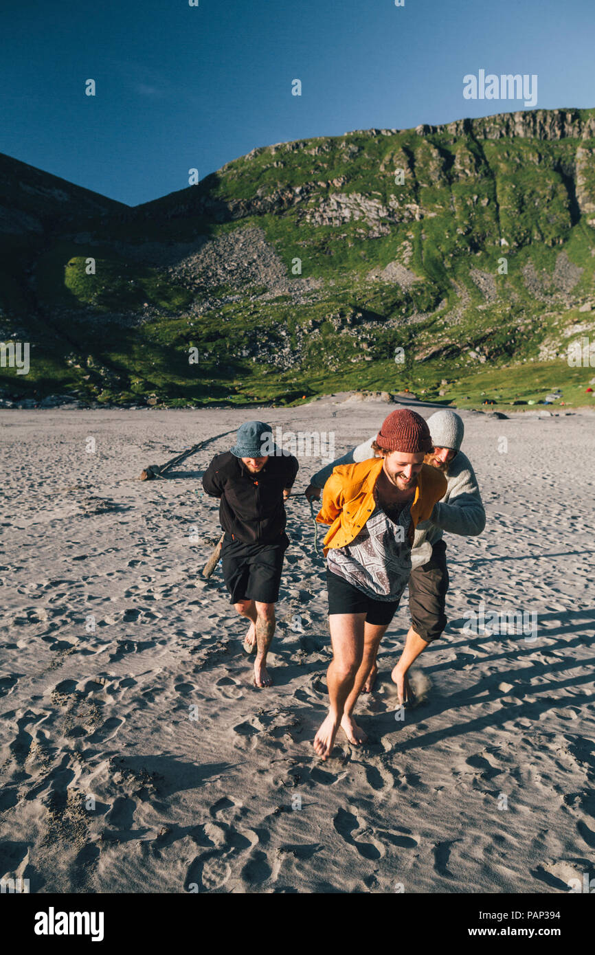 Norvegia Lofoten, Moskenesoy, un gruppo di giovani uomini la preparazione di camp a Kvalvika Beach Foto Stock