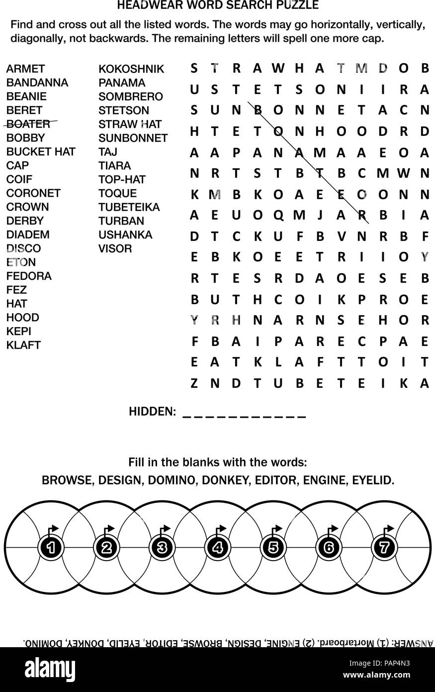 Pagina di puzzle con due giochi di parole (lingua inglese). Headwear puzzle  di ricerca di parola. Conoscenza comune riempire le ruote criss-cross.  Risposta inclusa Immagine e Vettoriale - Alamy