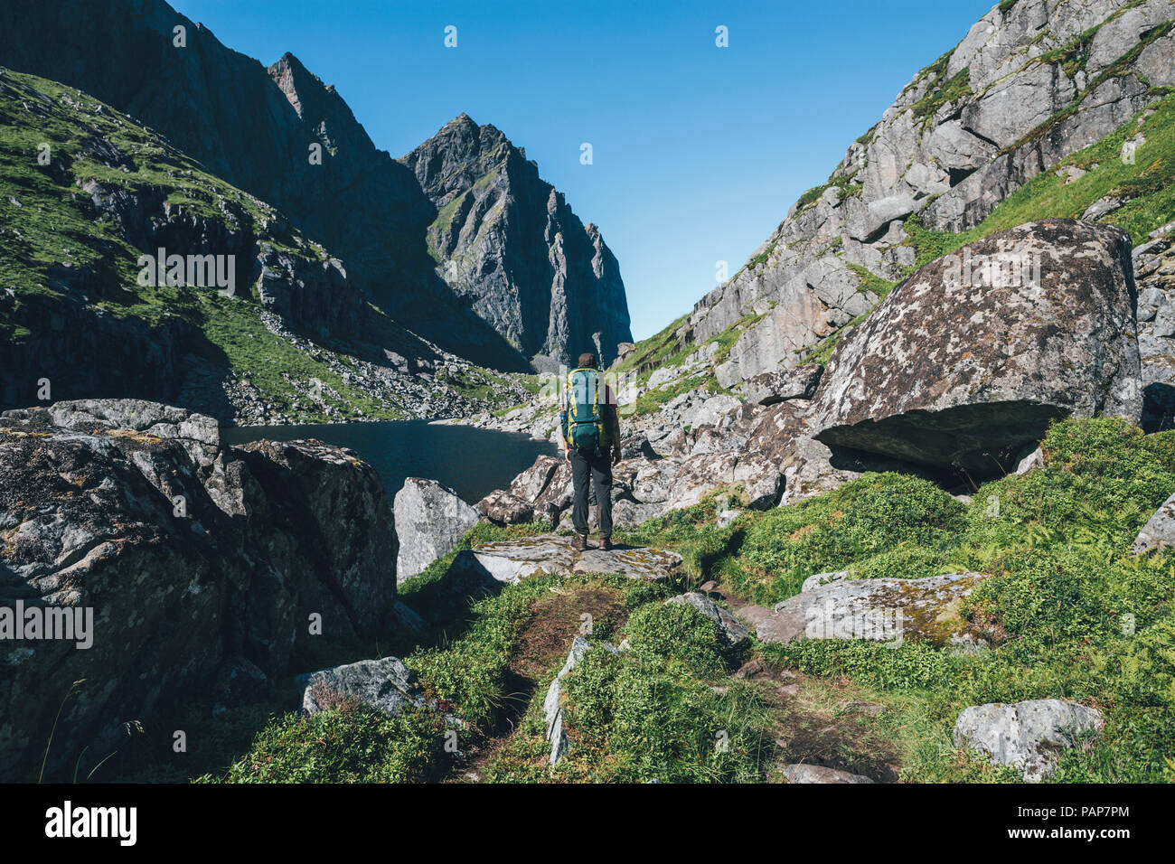Norvegia Lofoten, Moskenesoy, giovane uomo in piedi di fronte a Litljordtinden Foto Stock