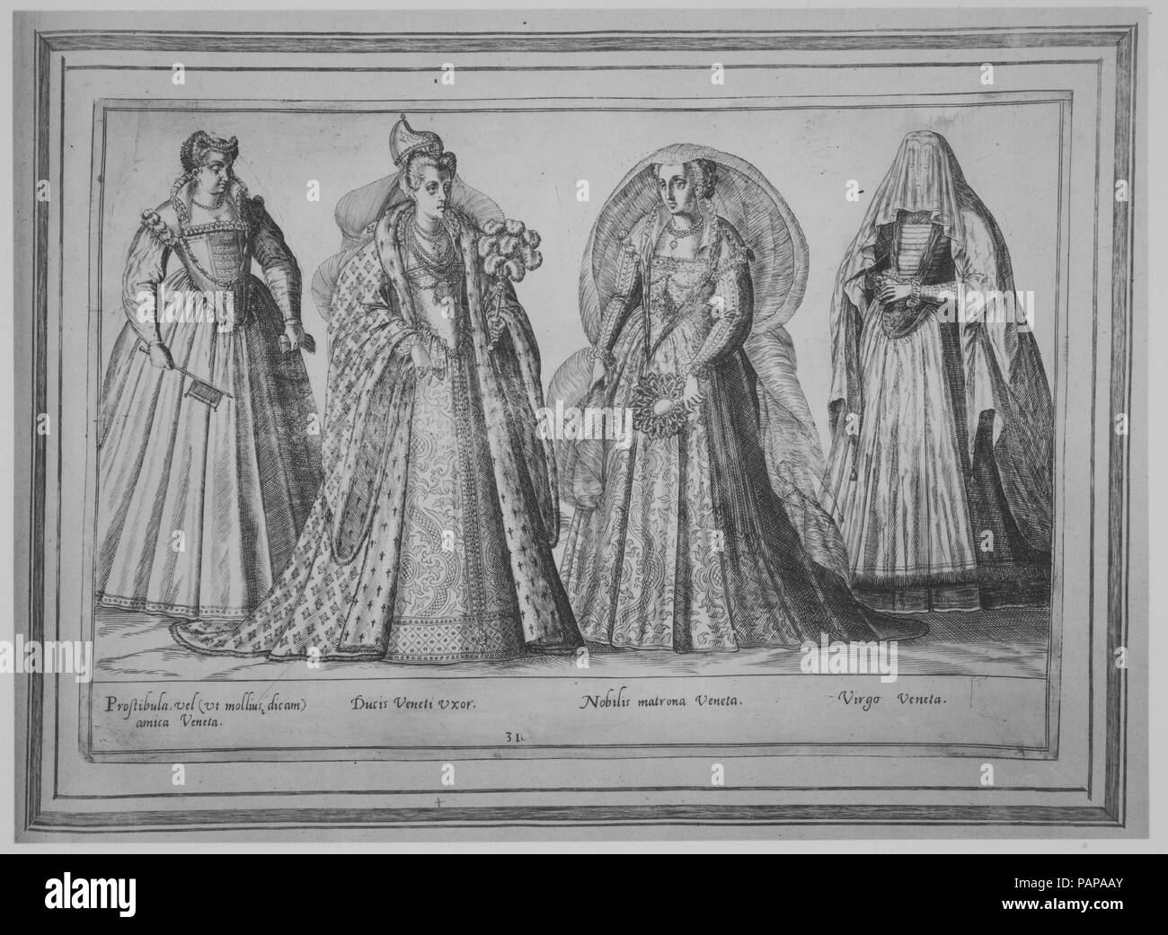Prostibula vel (ut mollius dicam) amica Veneta; Ducis Veneti Vxor; Nobilis matrona Veneta; Virgo Veneta. Artista: Abraham de Bruyn (fiammingo, Anversa 1540-1587 Colonia (?). Dimensioni: Immagine: 8 11/16 × 12 15/16 in. (22 × 32,8 cm): Telaio 10 3/8 × 14 5/8 in. (26,4 × 37,1 cm) foglio: 21 5/16 × 16 5/16 in. (54,2 × 41,5 cm) Prenota: 21 7/8 × 16 3/4 × 1 15/16 in. (55,5 × 42,5 × 5 cm). Editore: Joos de Bosscher Netherlandish (, attivo Amsterdam 1587-morto 1591). Data: 1580. Incisione, parte di "Omnium Martellare a penna Europae, Asiae, Aphricae atque Americae Gentium Habitus' (costumi di varie nazioni di Euro Foto Stock
