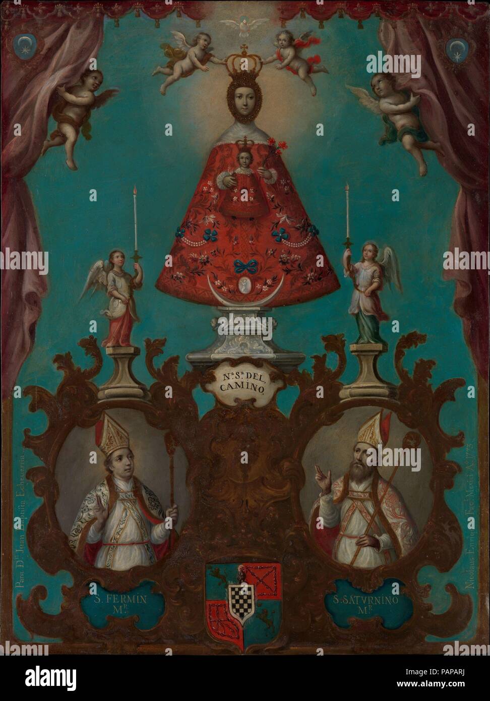 La Vergine di El Camino con San Fermín e San Saturnino. Artista: Nicolás Enríquez (Messicano, 1704-1790). Dimensioni: 22 1/4 × 16 1/2 in. (56,5 × 41,9 cm) incorniciato: 25 3/8 × 19 3/4 x 1 3/8 in. (64,5 × 50,2 × 3,5 cm). Data: 1773. Secondo la leggenda, la scultura conosciuta come "Nostra Signora di El Camino' apparsa miracolosamente in travetti di Pamplona chiesa nel 1487. La devozione verso l'immagine prevale in Pamplona e il resto della Navarra, compreso il proprietario nativo di valle di Baztán, la cui scacchiera stemma viene visualizzato sotto la Vergine. Le figure di San Saturnino e San Fermín, patroni di Pamplona un Foto Stock