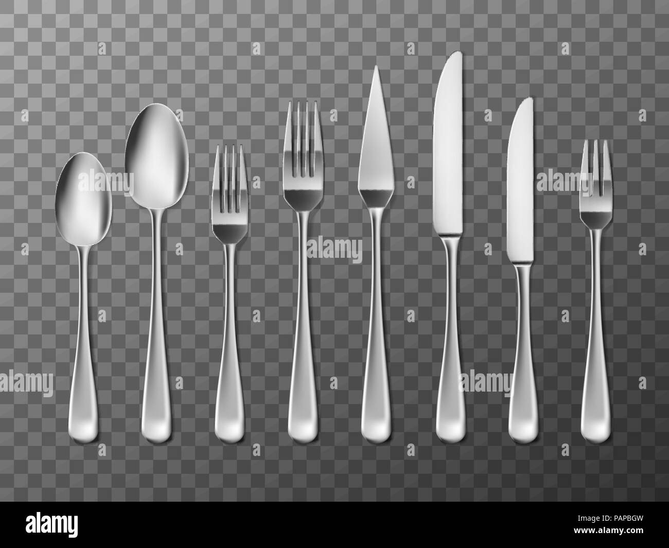 Posateria in acciaio, coltello, forchetta e cucchiaio in stile realista. Set di posate design isolato. Illustrazione Vettoriale Illustrazione Vettoriale