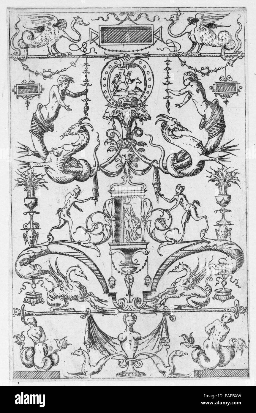 Pannello grottesca. Artista: Jacques Androuet Du Cerceau (francese, Parigi 1510/12-1585 Annecy). Dimensioni: foglio: 4 1/8 × 2 11/16 in. (10,5 × 6,8 cm). Serie/Portfolio: Petites grottesche. Data: 1550. Museo: Metropolitan Museum of Art di New York, Stati Uniti d'America. Foto Stock