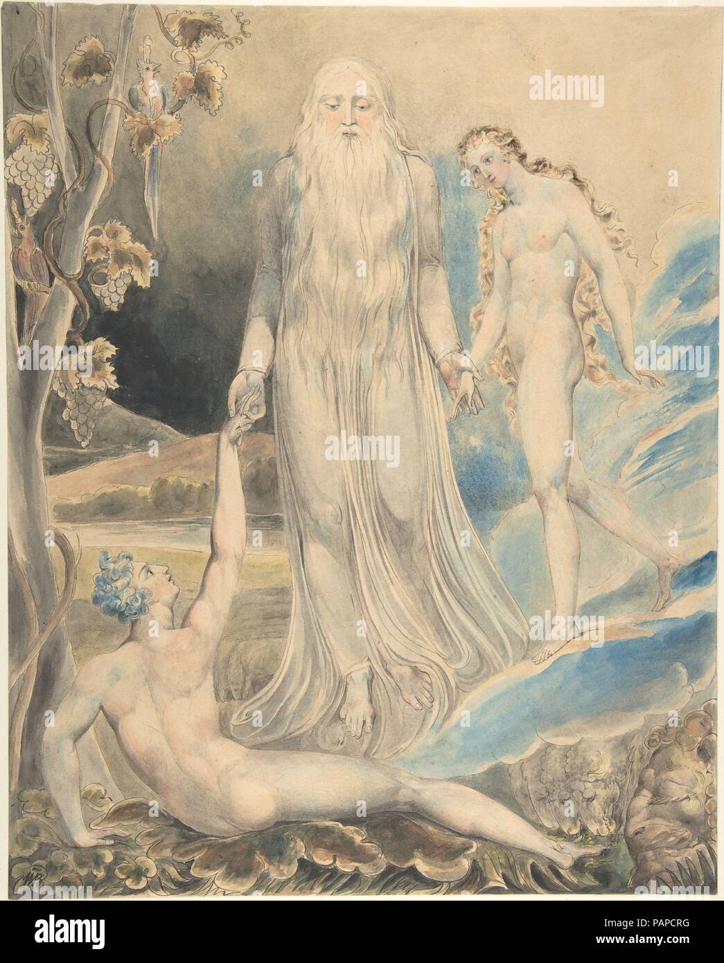 Angelo della divina presenza portando alla vigilia di Adam (creazione di Eva: "e lei sarà chiamata donna) (recto); schizzo per lo stesso (verso). Artista: William Blake (British, Londra Londra 1757-1827). Dimensioni: foglio: 16 3/8 × 13 1/16 in. (41,6 × 33,2 cm). Data: ca. 1803. Blake considerato la Bibbia per essere la suprema opera poetica e qui suggestivamente ri-immaginato il Vecchio Testamento il tema della creazione di Eva. Invece di mostrare la prima donna emergente da Adam di lato, Blake presenta il giovane incontro con il cerimoniale di solennità. Una figura divina si prepara a unire le loro mani mentre un recumbent un Foto Stock