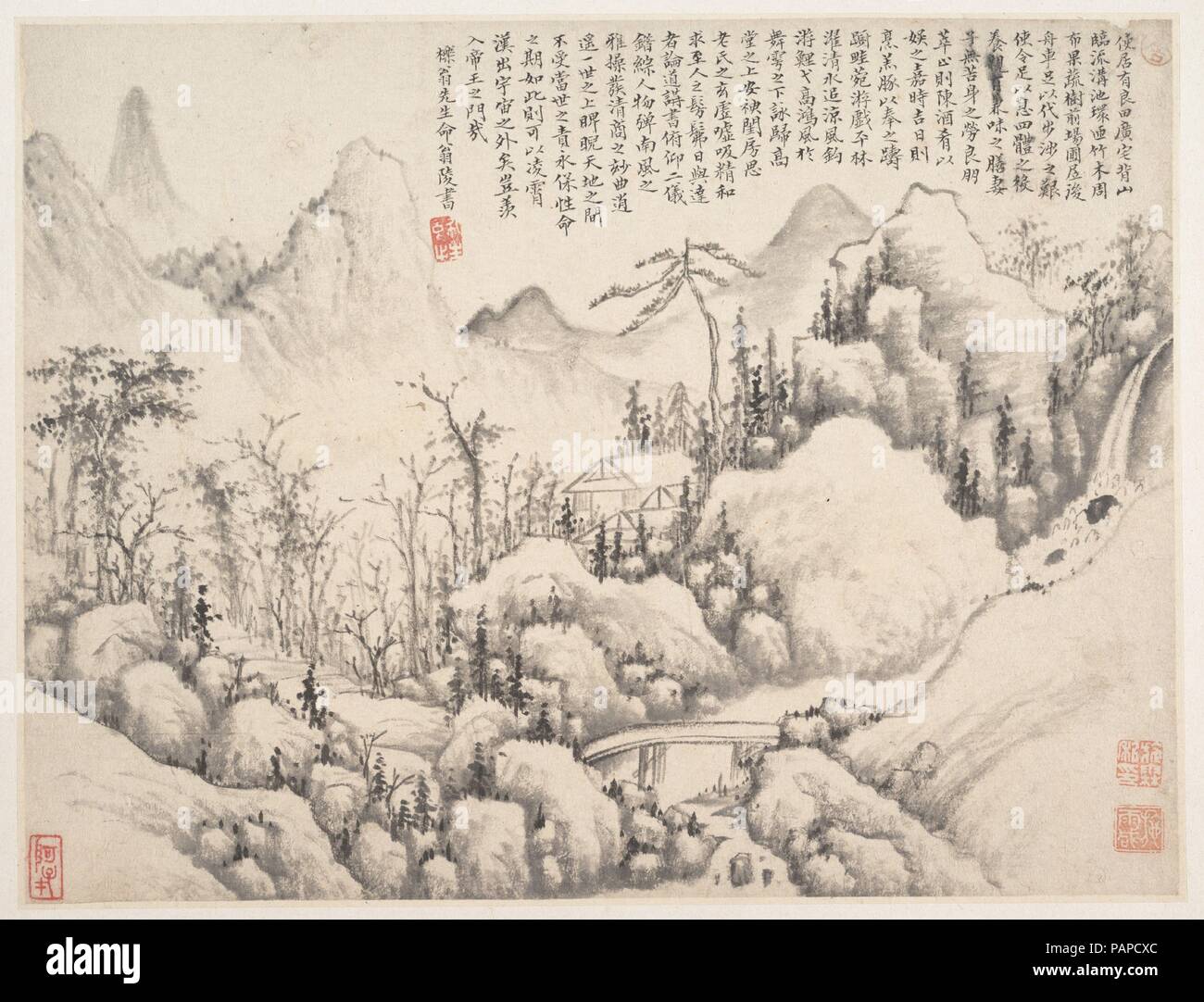 Rifugio di montagna. Artista: Shi Lin (Cinese, active ca. 1630-60). Cultura: la Cina. Dimensioni: 9 3/4 x 12 3/4 in. (24,8 x 32,4 cm). Data: databile al 1654-55. Questa pittura e i suoi disegni iscrizione apparteneva a un album realizzato per il noto collettore di Nanjing e alto ufficiale Zhou Lianggong (1612-1672). Un leader patrono degli artisti contemporanei, Zhou raccolto un certo numero di questi album durante gli ultimi venticinque anni della sua vita, quando la sua carriera richiesto lui a viaggiare. Tali collaborazioni sono stati a lungo un mezzo per un gruppo di artisti per celebrare occasioni speciali, ma zh Foto Stock
