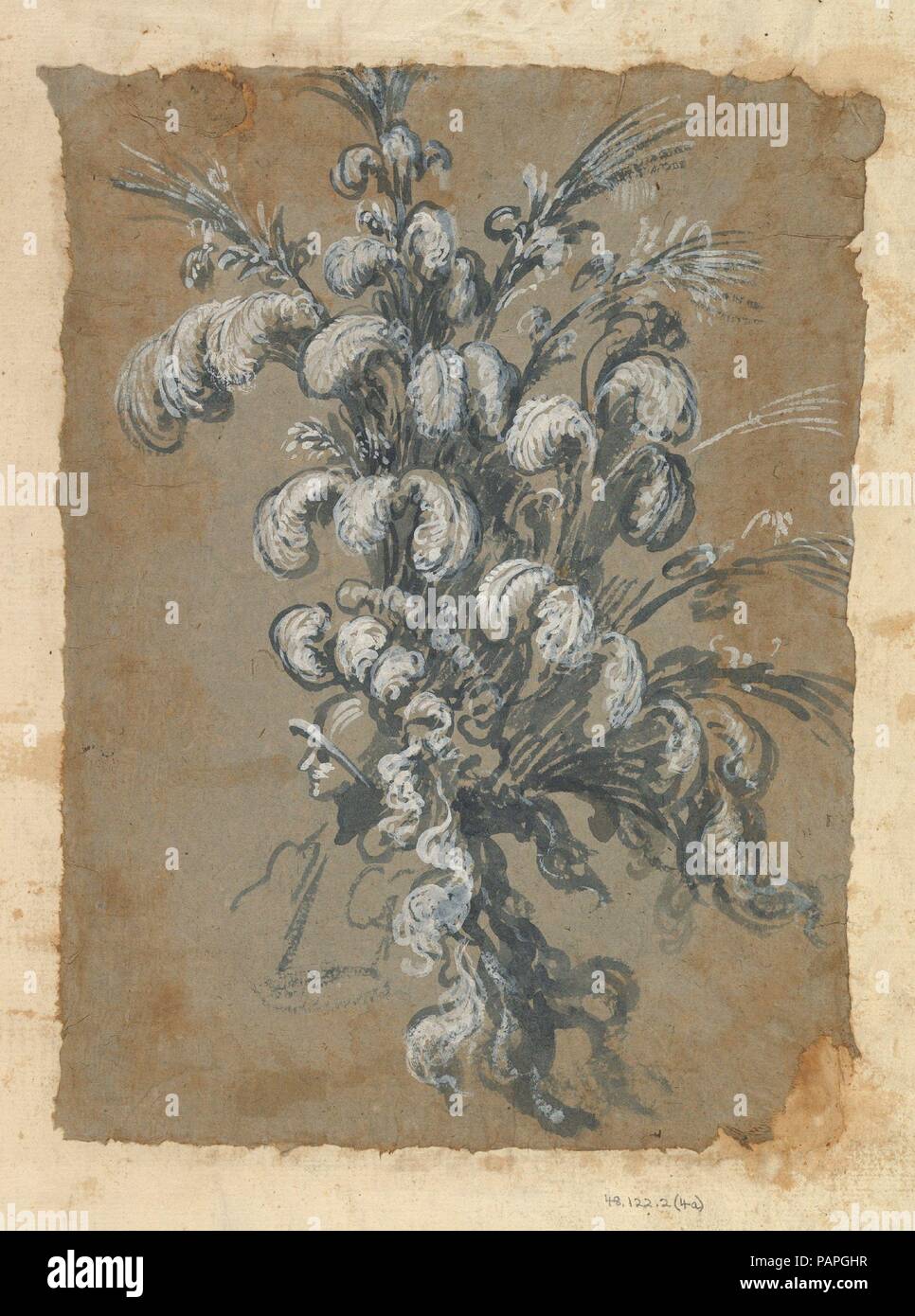 Design per un sontuoso Copricapo con piume su un casco. Artista: eventualmente da Baccio del bianco (italiano, Firenze 1604-1656 Escorial) (e workshop). Dimensioni: foglio: 10 5/8 x 7 11/16 in. (27 x 19,5 cm). Data: ca. 1620-56. Design per un copricapo, mostrato dal lato (persona di fronte a sinistra). Il copricapo è costituito da tre livelli di estremamente grandi piume e guarnita con piume. Museo: Metropolitan Museum of Art di New York, Stati Uniti d'America. Foto Stock