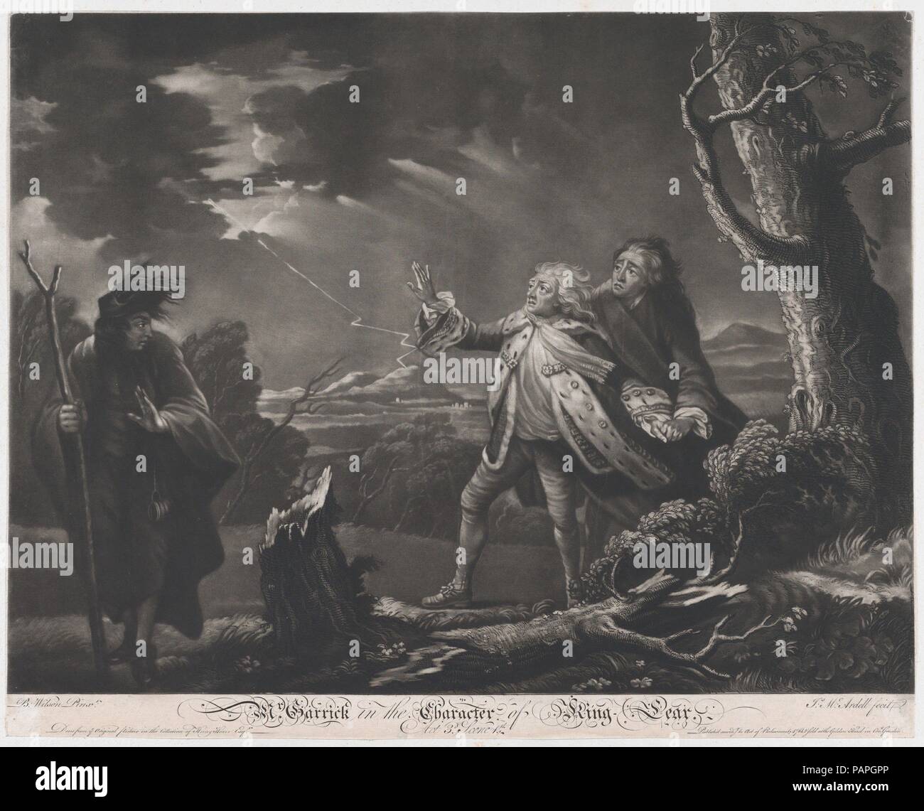 Il sig. Garrick nel personaggio di Re Lear (Shakespeare, Re Lear, atto 3, scena 1). Artista: Dopo Benjamin Wilson (British, Leeds 1721-1788 Londra). Dimensioni: Foglio (rifilato entro la piastra): 16 1/8 × 20 1/4 in. (41 × 51,4 cm). Incisore: James McArdell (l'irlandese di Dublino, Londra 1729-1765). Sitter: David Garrick (British, Hereford 1717-1779 Londra). Oggetto: William Shakespeare (British, Stratford-upon-Avon 1564-1616 Stratford-upon-Avon). Data: 1761. Museo: Metropolitan Museum of Art di New York, Stati Uniti d'America. Foto Stock