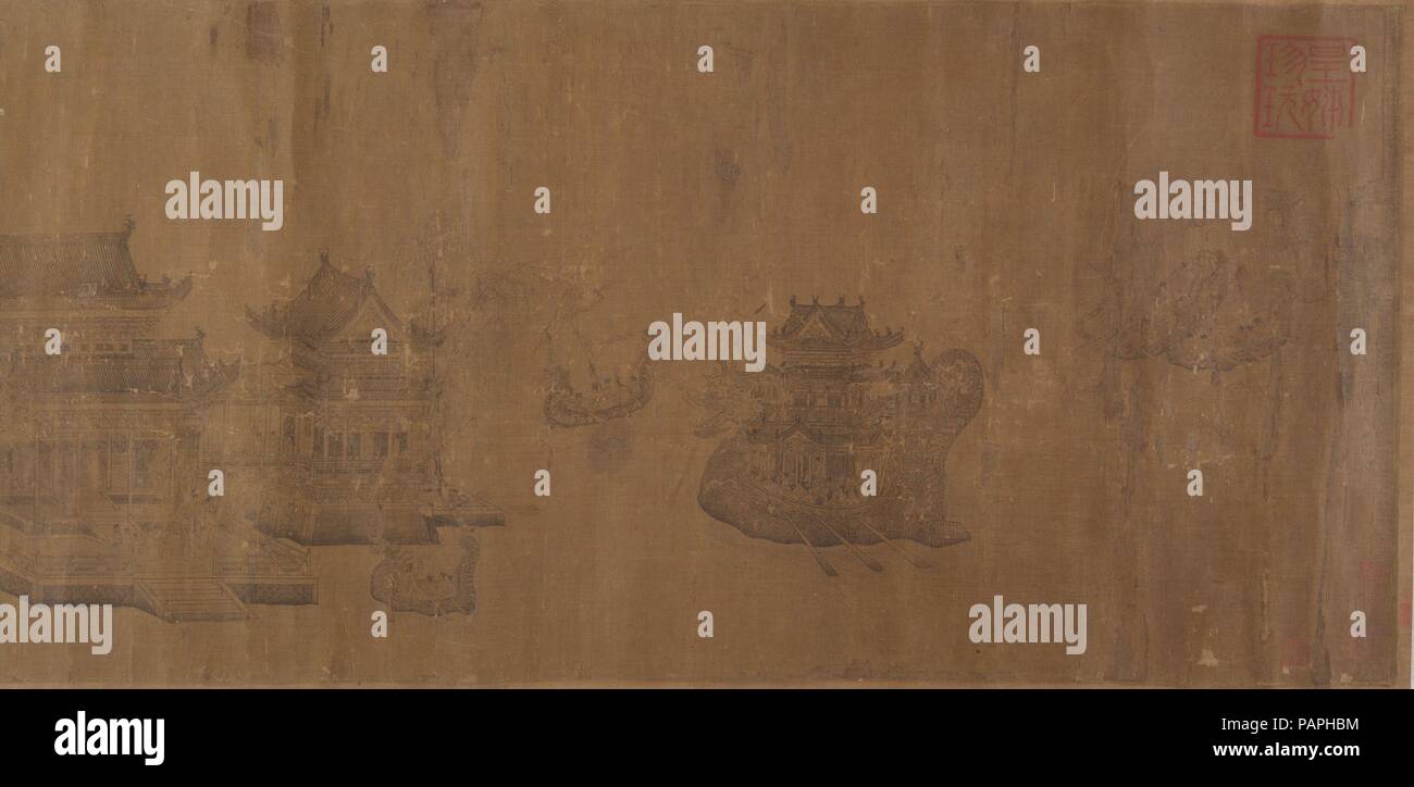 Dragon Boat regata sul Lago Jinming. Artista: Dopo Wang Zhenpeng (Cinese, active ca. 1275-1330). Cultura: la Cina. Dimensioni: Immagine: 13 1/2 x 17 ft 6 in. (34,3 cm x 53,8 m). Data: xiv secolo (?). Dragon Boat gare sono tradizionalmente si svolge il quinto giorno del quinto mese lunare per commemorare la morte del ministro virtuoso Qu Yuan (343-277 a.C.), che lui stesso annegato per confutare le calunnie. Qui raffigurato è una corsa sponsorizzata dall imperatore Huizong (r. 1101-25) il terzo giorno del terzo mese, su Jinming ("Golden luminoso') il lago, che era situato in un parco imperiale a nord capitale della canzone Foto Stock