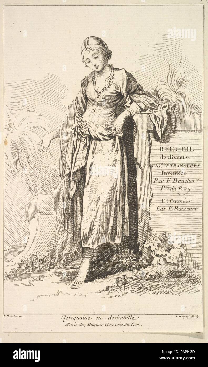 Afriquaine en deshabillé, da Recueil de diverses fig.res étrangeres Inventées par F. Boucher P.tre du Roy et Gravées par F. Ravenet (raccolta delle varie figure straniere, ideato da F. Boucher, pittore del re e inciso [attaccato] da F. Ravenet), la piastra 1. Artista: Dopo François Boucher (francese, Parigi 1703-1770 Parigi); Simon Francesco Ravenet, il sambuco (Francese, 1706-1774). Dimensioni: foglio: 10 7/16 x 6 3/8 in. (26,5 x 16,2 cm). Editore: Gabriel Huquier (francese, Orléans 1695-1772 Paris). Serie/Portfolio: Recueil de diverses fig.res étrangeres Inventées par F. Boucher P.tre du Roy et G Foto Stock