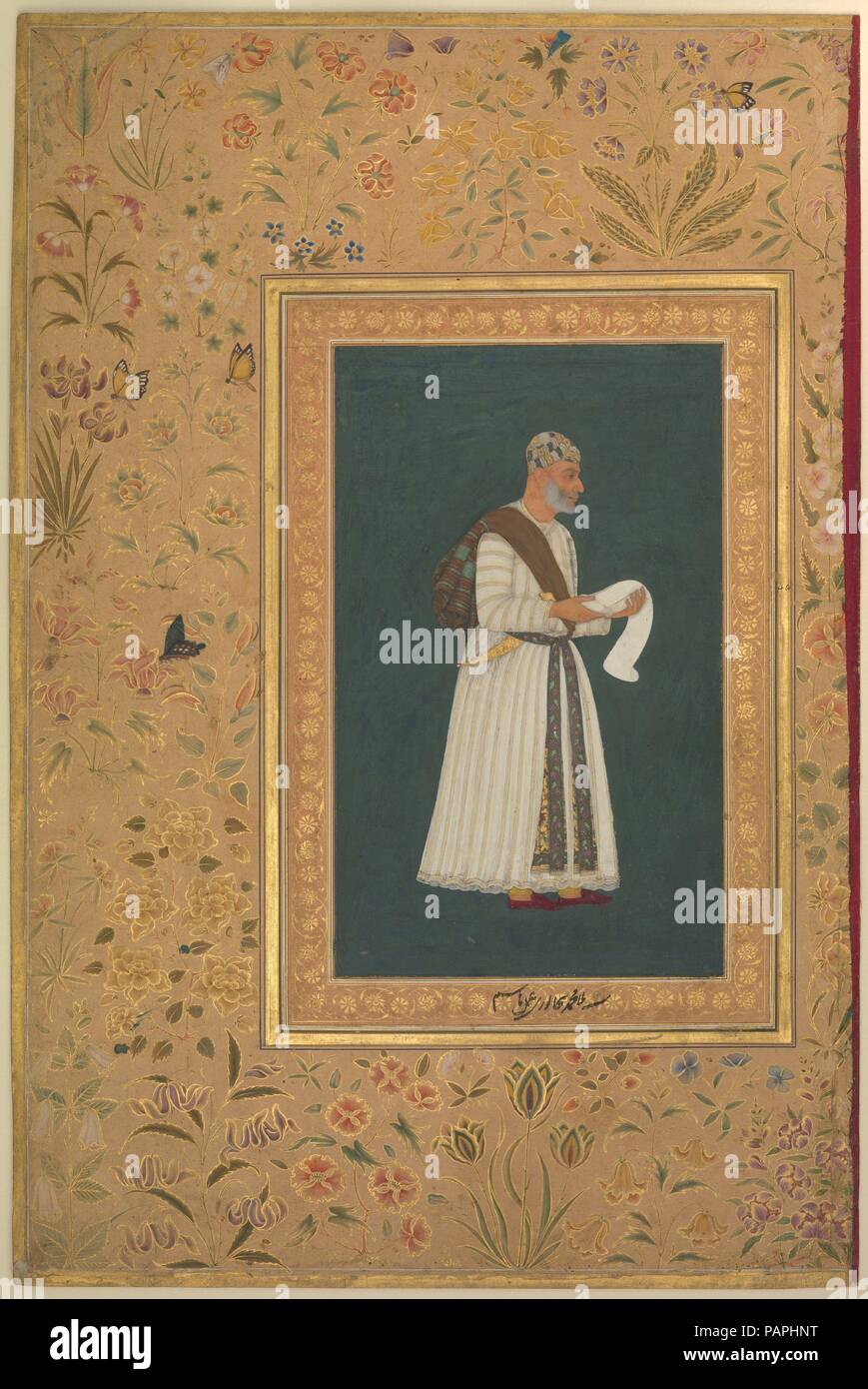 " Ritratto di Mulla Muhammad Khan Vali di Bijapur', Folio da Shah Jahan Album. Artista: dipinto di Hashim (attivo 1620-60). Calligrapher: Mir 'Ali Haravi (d. ca. 1550). Dimensioni: H. 15 5/16 in. (38,9 cm) W. 10 3/16 in. (25,9 cm). Data: recto: ca. 1620; tergo: 1537-47. L'iscrizione di Jahangir la mano sul bordo interno di questo dipinto si afferma che si tratta di un ritratto di Mulla Muhammad Bijapuri, probabilmente l'emissario inviato da Ibrahim 'Adil Shah II per chiedere assistenza dal Mughals contro il suo rivale Malik Ambar di Ahmadnagar. Hashim era un pittore Deccani specializzato ritratti che m Foto Stock