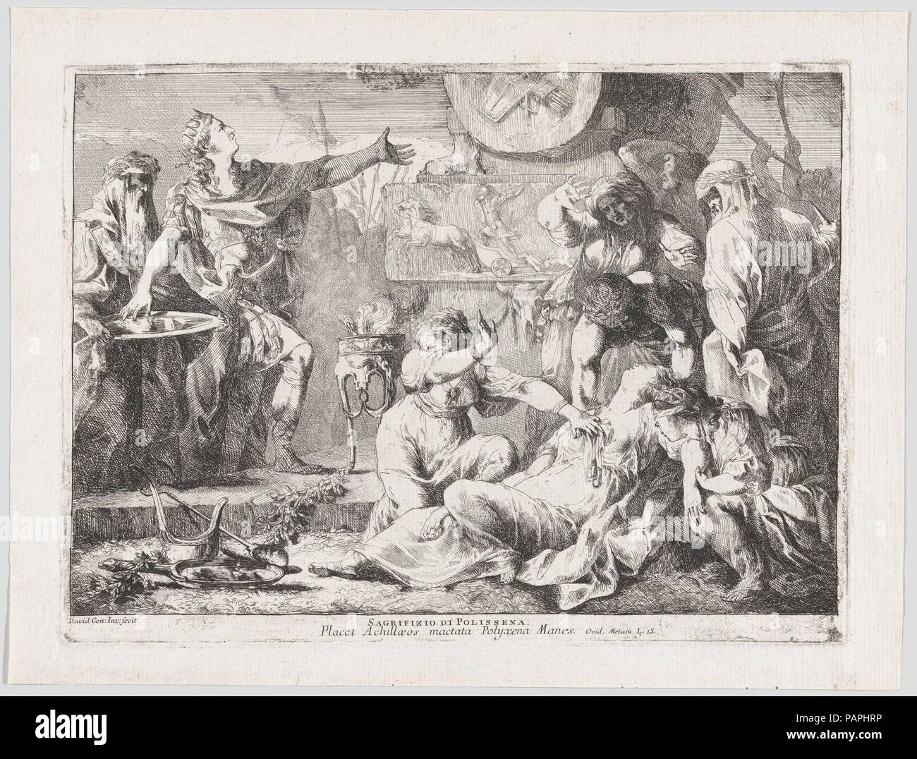 Il sacrificio di Polissena. Artista: Giovanni David (italiano, Cabella Ligure genova 1749-1790). Dimensioni: piastra: 8 3/4 x 11 15/16 in. (22,2 x 30,3 cm) foglio: 10 1/4 x 13 9/16 in. (26 x 34,4 cm). Data: 1776. Secondo la leggenda greca, il guerriero Achille è caduto nell'amore con Polissena, figlia del re di Troia Priamo di Troia. Ella era stata promessa a lui in matrimonio se ha accettato di porre fine alla guerra tra Greci e Troiani. Achille è stato attaccato da Polissena's brothers, tuttavia, che ha girato una freccia avvelenata nel suo tallone--quindi l'espressione "tallone d'Achille,' un punto di vulnerabilità. Prima di morire, Achille o Foto Stock