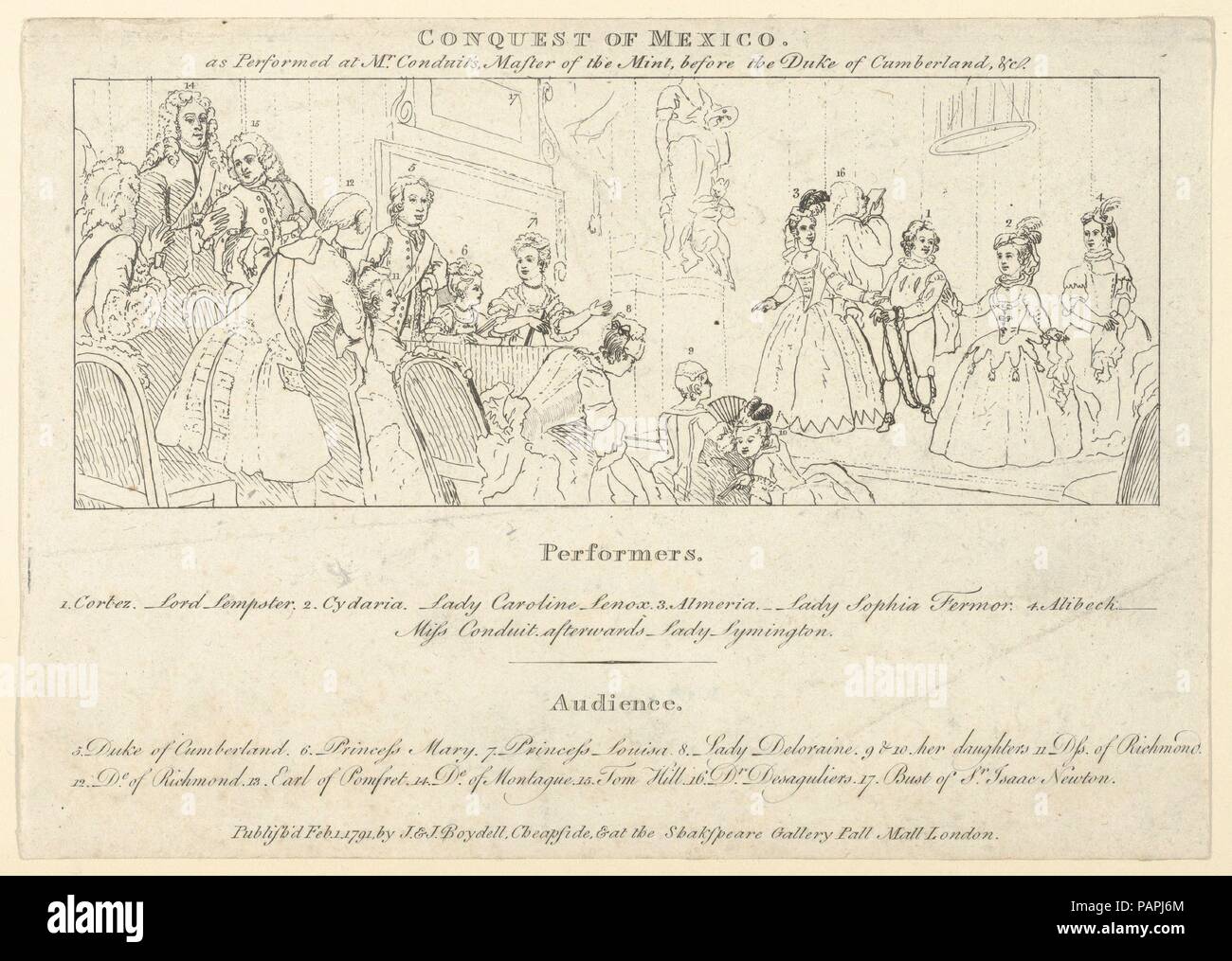 Chiave con elenco degli artisti interpreti e degli artisti esecutori di: l'imperatore indiano, o la conquista del Messico, atto 4, scena 4. Artista: Dopo William Hogarth (British, Londra Londra 1697-1764). Autore: Illustra John Dryden (British, Aldwincle, Northamptonshire 1631-1700 Londra). Dimensioni: foglio: 5 7/8 x 8 3/8 in. (15 x 21,2 cm). Editore: John & Josiah Boydell (British, 1786-1804). Data: Febbraio 1, 1791. Museo: Metropolitan Museum of Art di New York, Stati Uniti d'America. Foto Stock