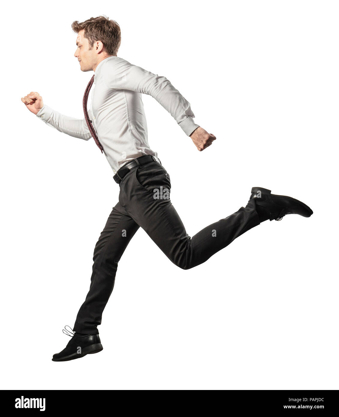 Jumping imprenditore isolato su sfondo bianco Foto Stock