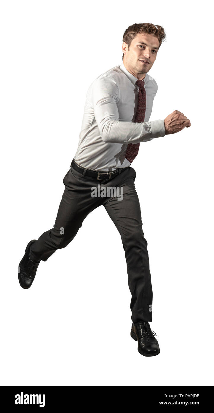 Jumping uomo isolato su sfondo bianco Foto Stock