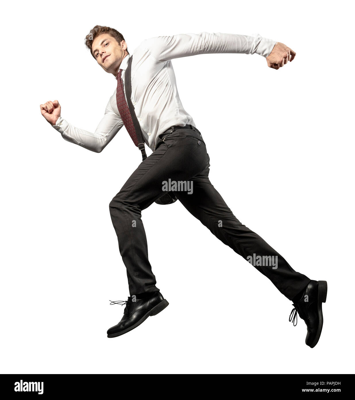 Jumping imprenditore isolato su sfondo bianco Foto Stock