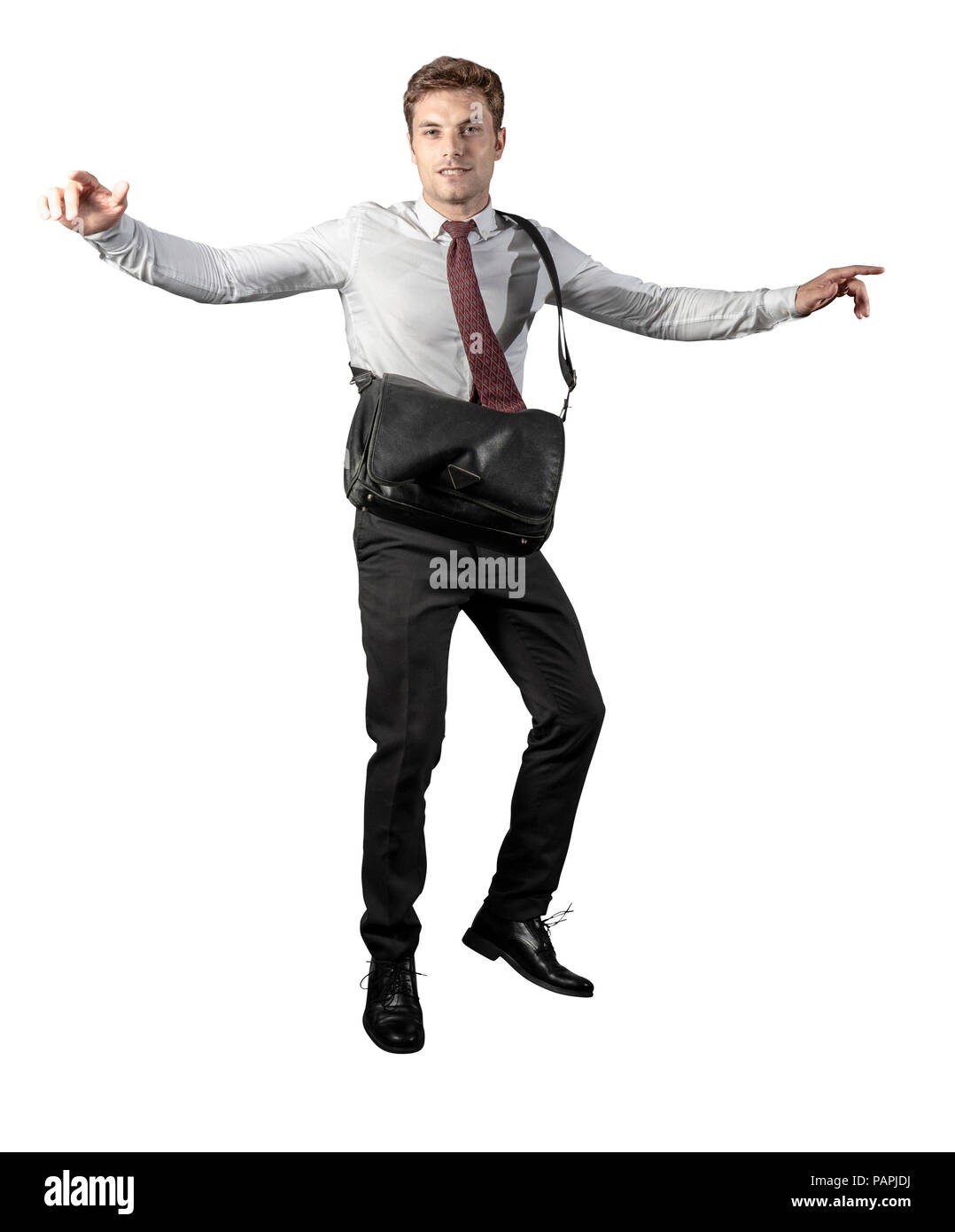 Jumping man con il sacchetto su bianco Foto Stock