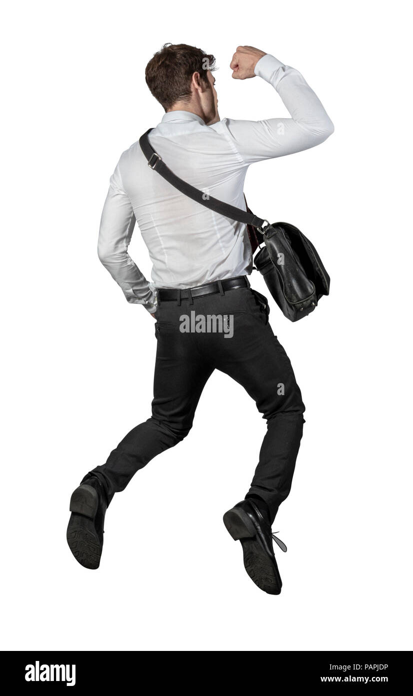 Jumping man vista posteriore isolato su sfondo bianco Foto Stock