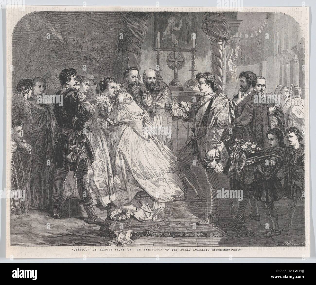 Claudio, dal 'Illustrated London News". Artista: Dopo Marcus Clayton Stone (British, Londra Londra 1840-1921). Dimensioni: foglio: 9 13/16 × 11 15/16 in. (24,9 × 30,3 cm). Incisore: William Luson Thomas (British, Londra 1830-1900 Chertsey, Surrey). Oggetto: William Shakespeare (British, Stratford-upon-Avon 1564-1616 Stratford-upon-Avon). Data: 25 maggio 1861. Il leader di Londra intagliatore di legno di William Luson Thomas qui rappresenta un drammatico episodio in Shakespeare's 'Much Ado about Nothing' (LEGGE 4, scena 1), dove l'eroe sviene all altare dopo essere stato falsamente accusato di infedeltà dal suo betrot Foto Stock