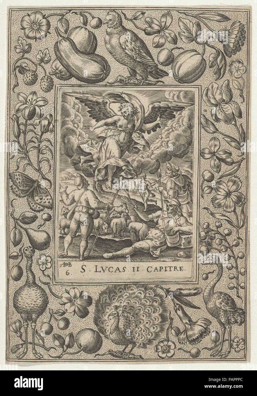 L'Annunciazione ai Pastori. Artista: Abraham de Bruyn (fiammingo, Anversa 1540-1587 Colonia (?). Dimensioni: foglio: 4 15/16 × 3 7/16 in. (12,6 × 8,7 cm). Data: 1580-1600. Scena dell'Annunciazione ai Pastori. L Arcangelo scende al centro di quattro pastori di seguito, quello a destra reclinabile. Intorno a questa scena, a telaio largo con un pavone in basso al centro e un altro uccello in alto al centro, tra la frutta e la verdura. Museo: Metropolitan Museum of Art di New York, Stati Uniti d'America. Foto Stock