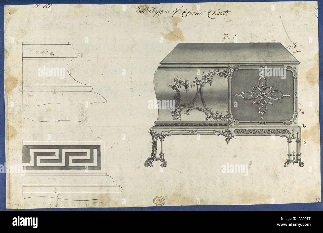 Due modelli per abiti petto, da Chippendale disegni, Vol. II. Artista: Thomas Chippendale (British, battezzato Otley, West Yorkshire Londra 1718-1779). Dimensioni: foglio: 8 5/8 x 13 3/8 in. (21,8 x 33,9 cm). Pubblicato in: Londra. Data: 1753. Disegno preparatorio per Thomas Chippendale 'Gentleman e il cabinet Maker direttore dell'. Pubblicato in retromarcia come piastra CI nel 1754 e 1755 le edizioni, e rinumerato come piastra CXXVIII nel 1762 edition. Museo: Metropolitan Museum of Art di New York, Stati Uniti d'America. Foto Stock