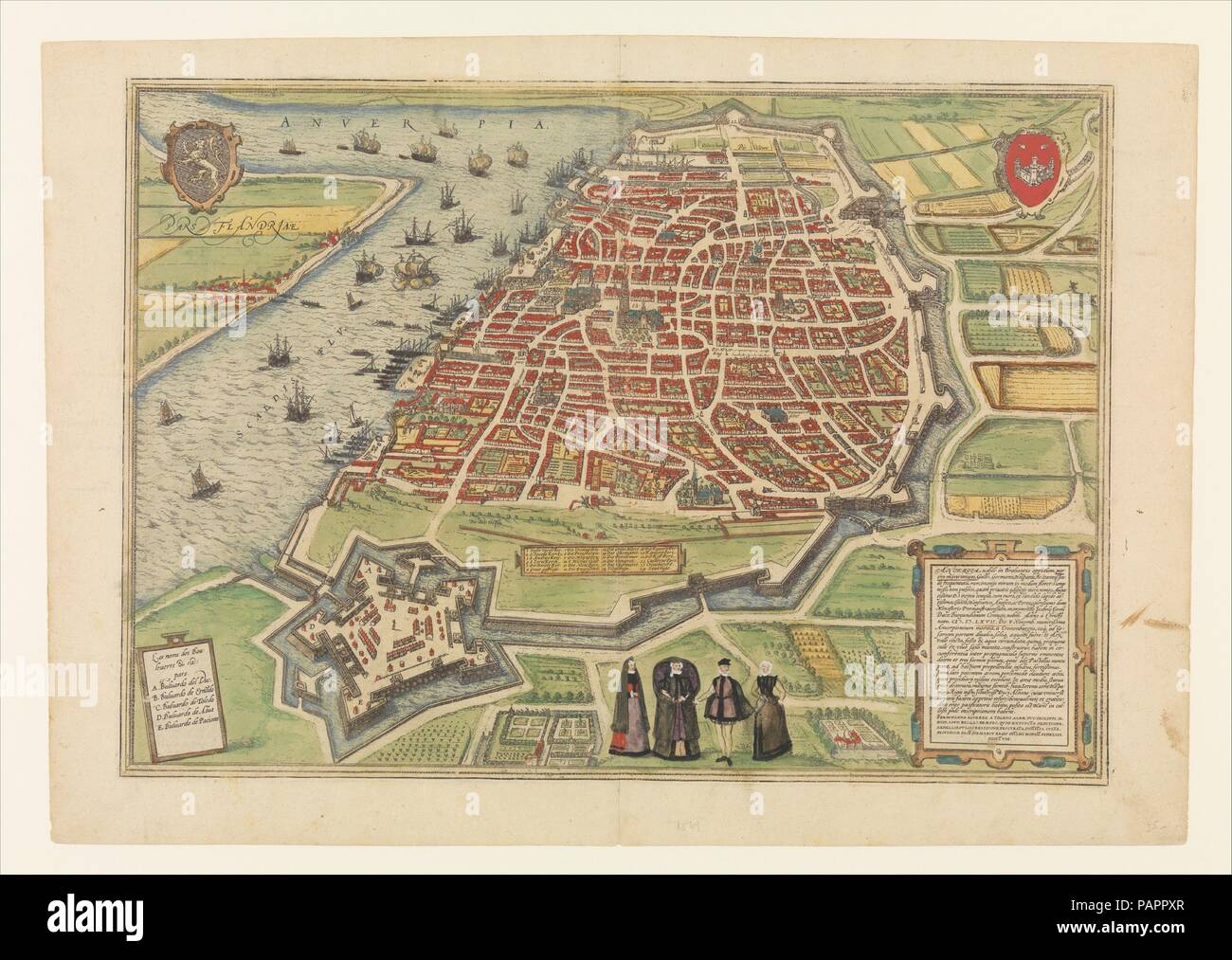 Vista di Anversa da Braun e Hogenberg's Civitates orbis terrarum. Artista: Frans Hogenberg (Netherlandish, 1540-1590); Simon Novellanus (XVI secolo); progettato da Joris Hoefnagel (Netherlandish, Anversa 1542-1601 Vienna); progettato da Cornelio Caymox (Netherlandish, Anversa prima 1540-1588 Lipsia). Dimensioni: piastra: 13 7/16 x 18 7/8 in. (34,1 x 48 cm) foglio: 15 7/16 x 21 15/16 in. (39,2 x 55,7 cm). Editor: Edito da Georg Braun (Tedesco, 1541-1622). Pubblicato in: Colonia. Data: 1572-94. Museo: Metropolitan Museum of Art di New York, Stati Uniti d'America. Foto Stock