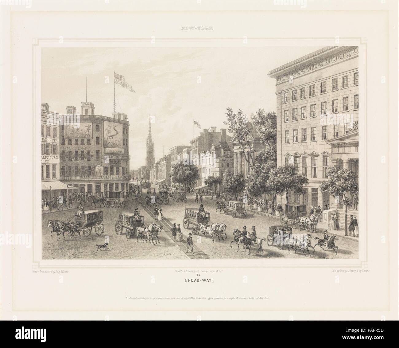 Broad-Way, New York. Artista: Augusto Köllner (American, nato Wurttenburg, Germania 1812). Dimensioni: Immagine: 8 1/16 × 11 3/4 in. (20,4 × 29,8 cm) foglio: 13 9/16 × 18 7/16 in. (34,4 × 46,8 cm). Litografo: Dopo Isidore-Laurent Deroy (Francese, 1797-1886). Stampante: Cattier (Parigi). Editore: Goupil & Co.. Data: 1850. Una vista guardando verso sud su Broadway dal sud del Parco del Municipio. A destra è Astor House, o il Park Hotel, costruito nel 1834, accanto a esso San Paolo cappella e, in lontananza, la guglia della chiesa della Trinità. Un segno a sud di San Paolo Cappella segno che segnala l'daguerreotype studio di Foto Stock
