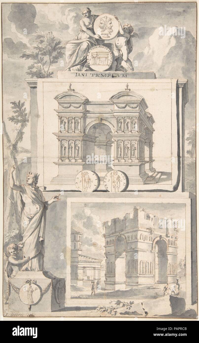 Una ricostruzione del tempio di Giano (sopra) e una vista delle rovine (sotto). Artista: Jan Goeree (Olandese, Middelburg 1670-1731 Amsterdam). Dimensioni: 13 x 8 1/8 in. (33,0 x 20,6 cm). Data: prima del 1704. Museo: Metropolitan Museum of Art di New York, Stati Uniti d'America. Foto Stock