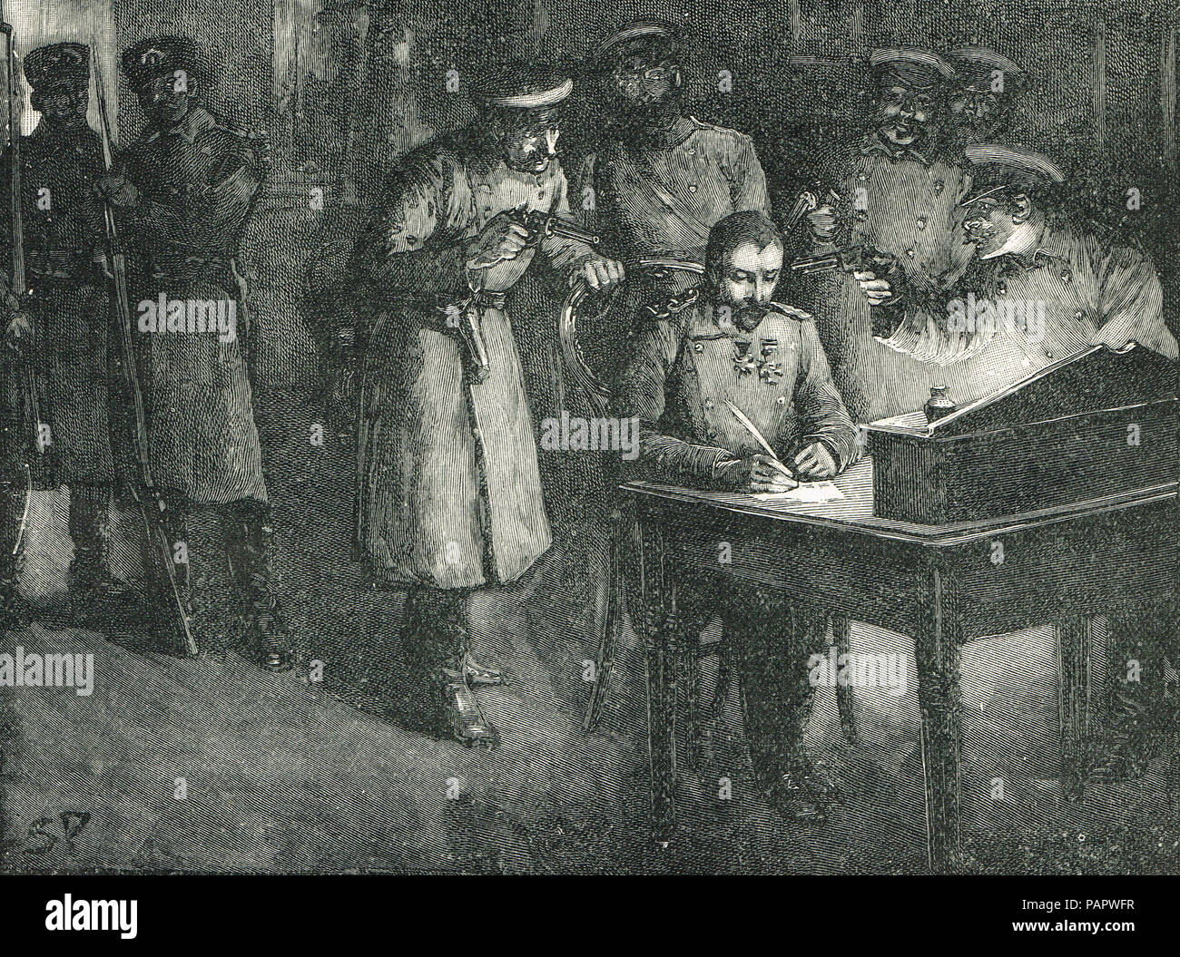 Alessandro di Battenberg, Il principe Alexander di Bulgaria, firma la sua abdicazione, palace a Sofia, 20 agosto 1886 Foto Stock