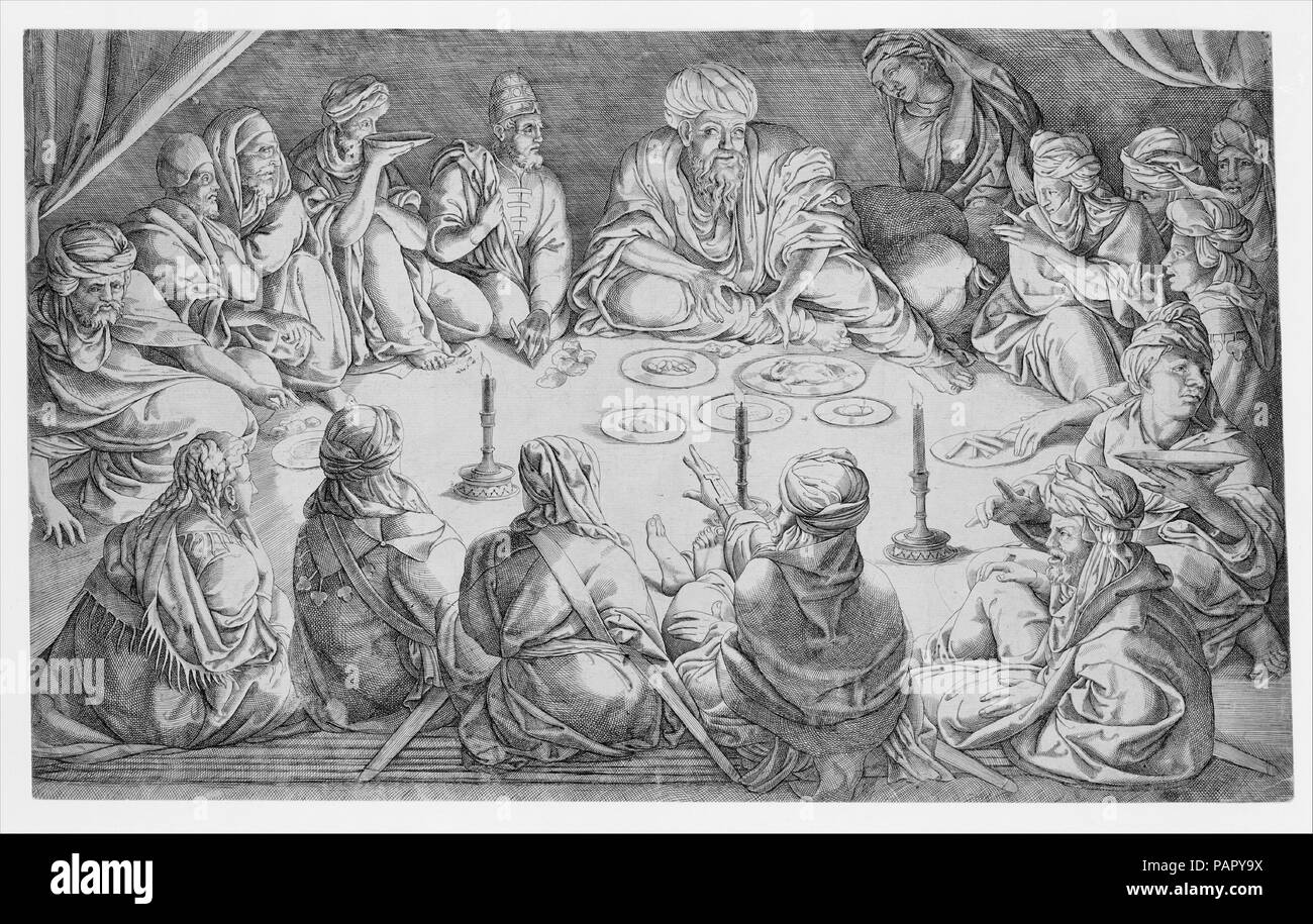 Re Mulay Hasan e il suo corteo a Repast a Tunisi. Artista: Jan Cornelisz Vermeyen (Netherlandish, Beverwijk 1500-1559 Bruxelles). Dimensioni: foglio: 13 1/16 x 21 5/16 in. (33,2 x 54,1 cm). Data: ca. 1535. Museo: Metropolitan Museum of Art di New York, Stati Uniti d'America. Foto Stock