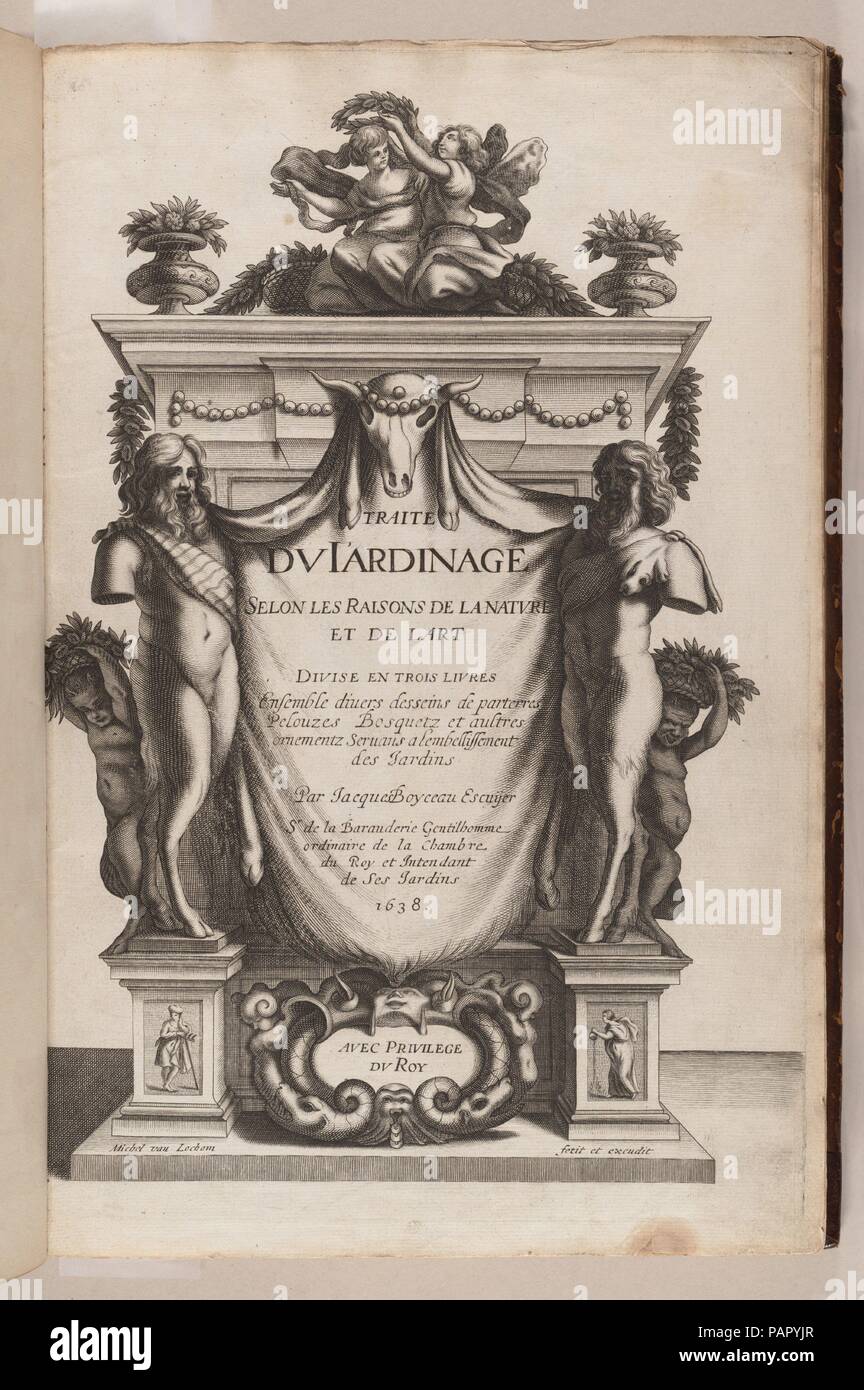 Traité du Jardinage selon les Raisons de la Nature et de l'arte. Artista: eventualmente da Michel van Lochom (fiammingo, Anversa 1601-1647 Paris). Autore: Scritto da Jacques Boyceau (francese, attivo 1602-ca. 1633). Dimensioni: complessivo: 16 15/16 x 11 7/16 x 1 1/2 in. (43 x 29 x 3,8 cm). Pubblicato in: Parigi. Editore: Michel van Lochom (fiammingo, Anversa 1601-1647 Paris). Data: 1638. Jacques Boyceau de la Baraudière's Traité du jardinage selon les raisons de la nature et de l'arte, pubblicata a Parigi nel 1638, è stata la più importante pubblicazione sul tema dell'architettura di giardino nel periodo precedente ad un Foto Stock
