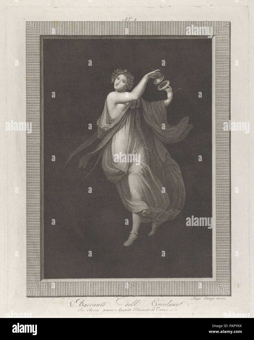 Un bacchante, una ghirlanda di fiori sulla sua testa e la riproduzione di cembali, impostare contro uno sfondo nero all'interno di una cornice rettangolare. Artista: incisi da Aloysio Cunego (italiano, Verona Roma 1757-1823). Dimensioni: foglio: 16 5/16 × 12 3/8 in. (41,5 × 31,4 cm) Piastra: 12 15/16 × 10 3/16 in. (32,8 × 25,9 cm). Editore: Agapito Franzetti (italiano, attivo Roma, ultimo quarto del settecento-primo quarto del XIX secolo). Serie/Portfolio: pitture murali da Ercolano. Data: ca. 1795-ca. 1820. Da una serie di incisioni raffiguranti i dipinti murali da Ercolano, realizzate da vari incisori e intermediario disegnatore Foto Stock