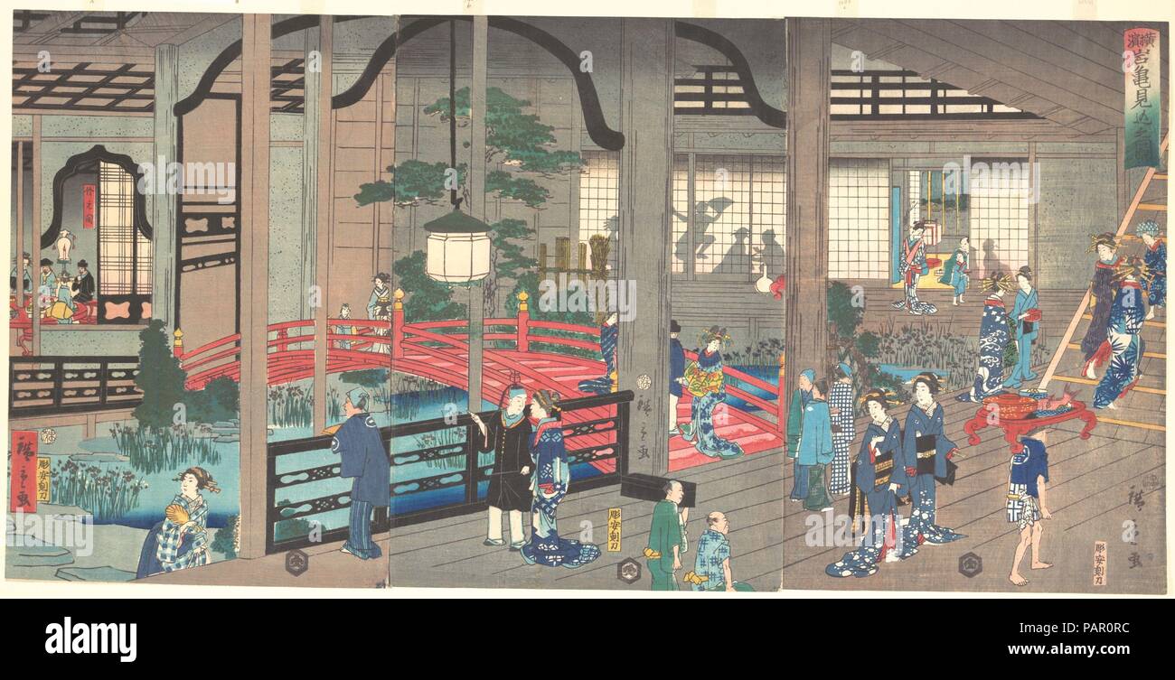 L'interno dell'Gankiro Tea House a Yokohama. Artista: Suzuki Hiroshige II (giapponese, 1826-1869). Cultura: il Giappone. Dimensioni: Oban trittico: 14 /14 x 28 7/8 in. (35,6 x 73,3 cm). Data: 1861 (aprile). Museo: Metropolitan Museum of Art di New York, Stati Uniti d'America. Foto Stock